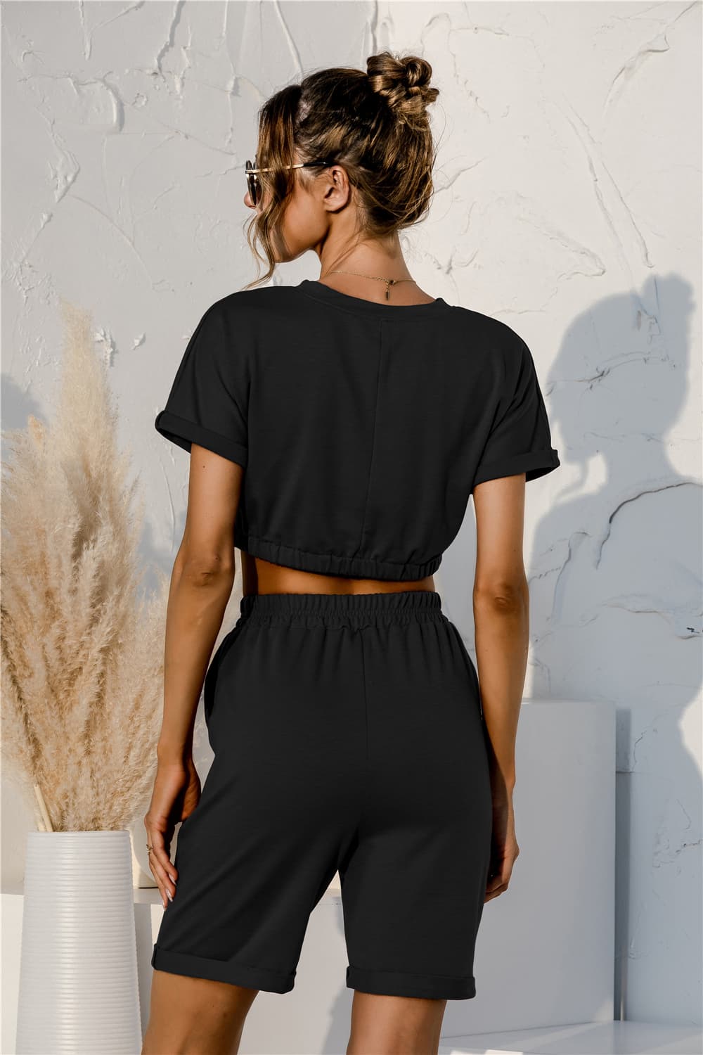 Short Sleeve Cropped Top and Drawstring Shorts Lounge Set - Lilixa.store