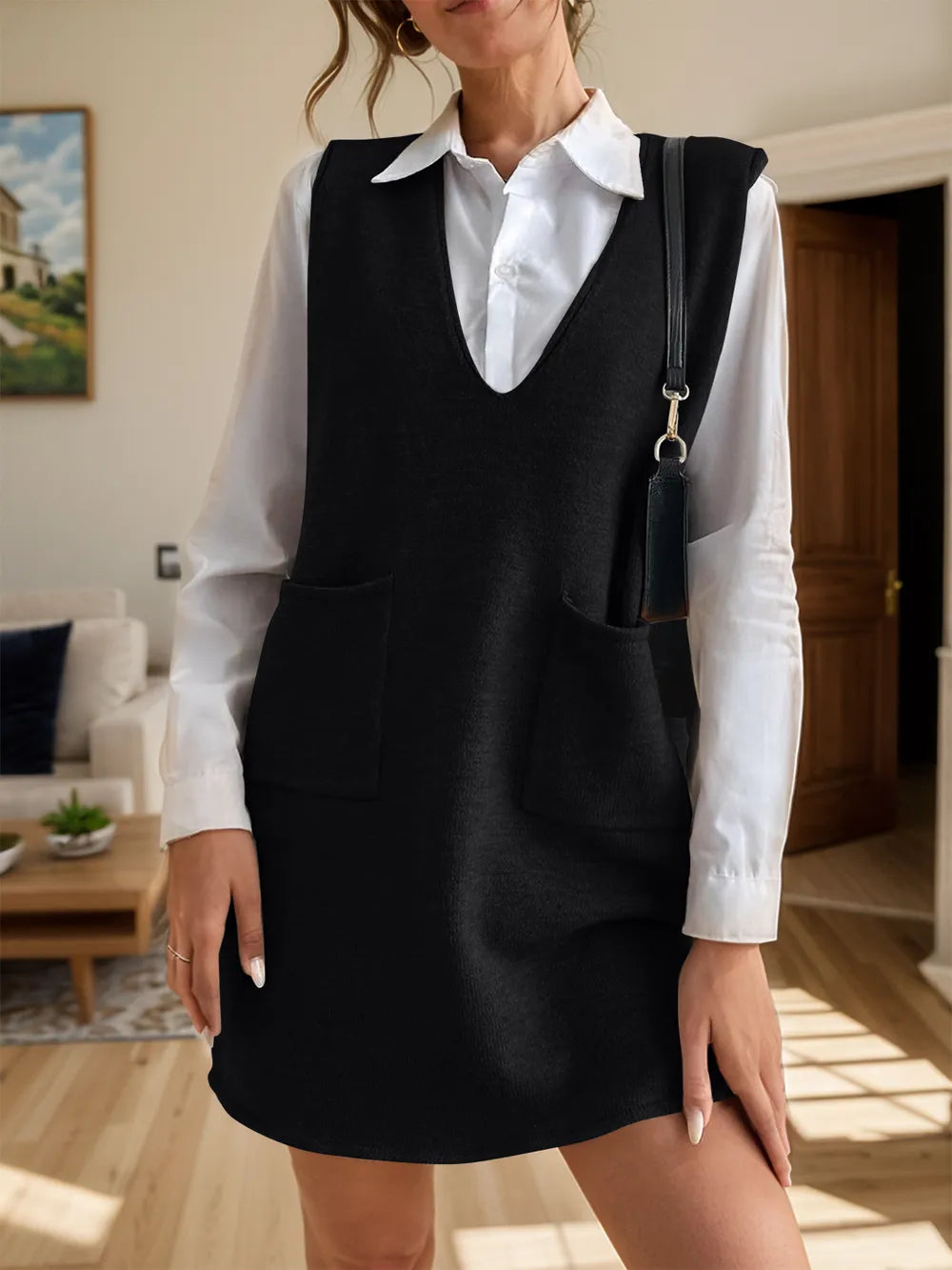 V-Neck Sleeveless Sweater Dress with Pockets in Black