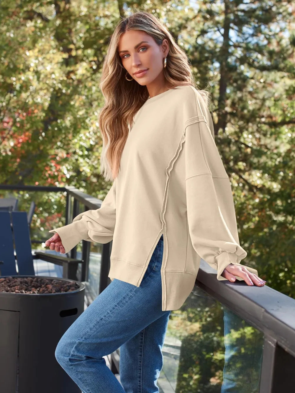 Slit Round Neck Long Sleeve Sweatshirt - Lilixa.store