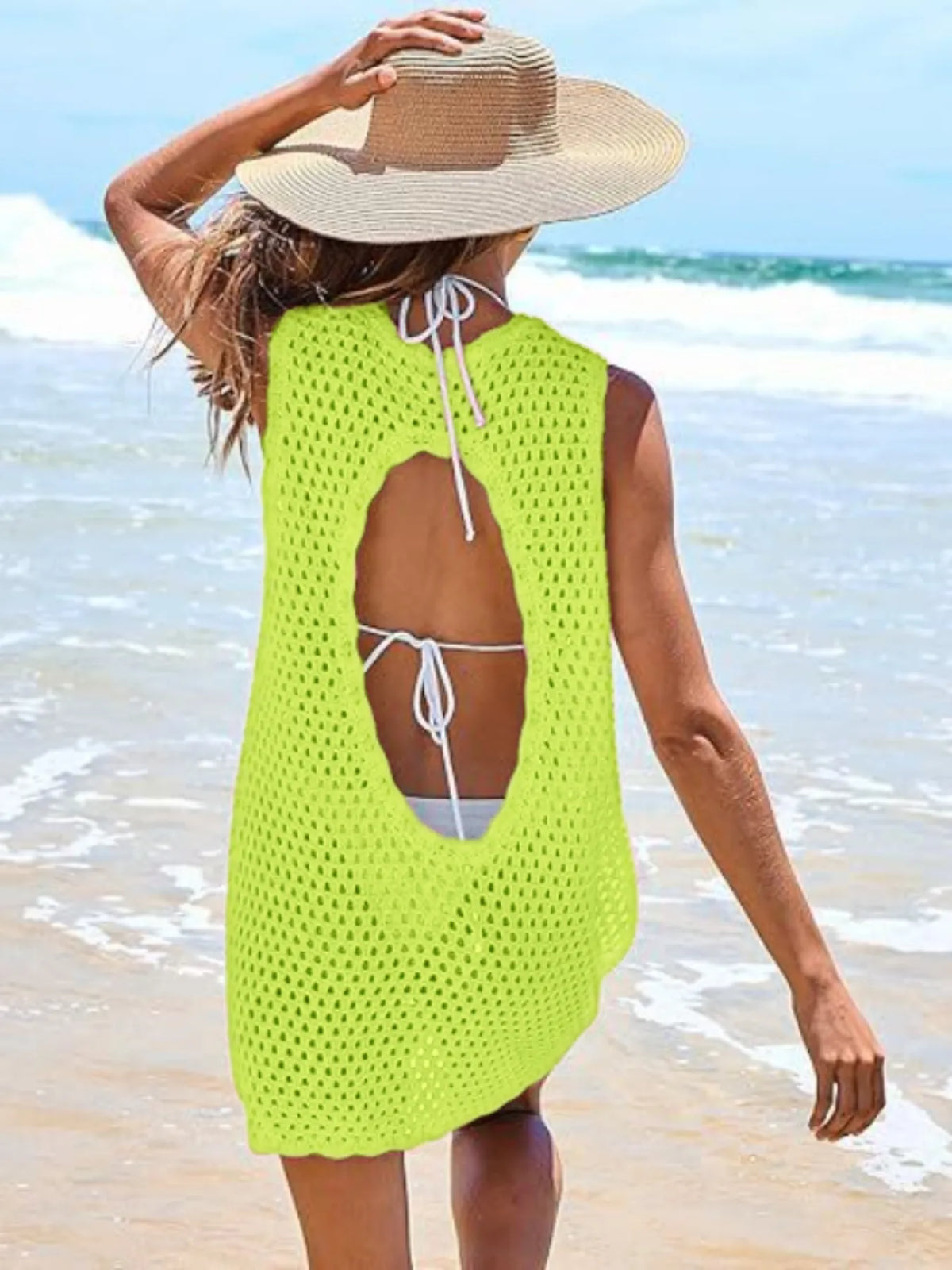 Color Block Openwork Sleeveless Cutout Back Cover-Up - Lilixa.store