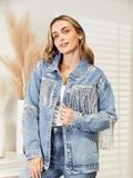 Fringe Detail Long Sleeve Denim Jacket - Lilixa.store