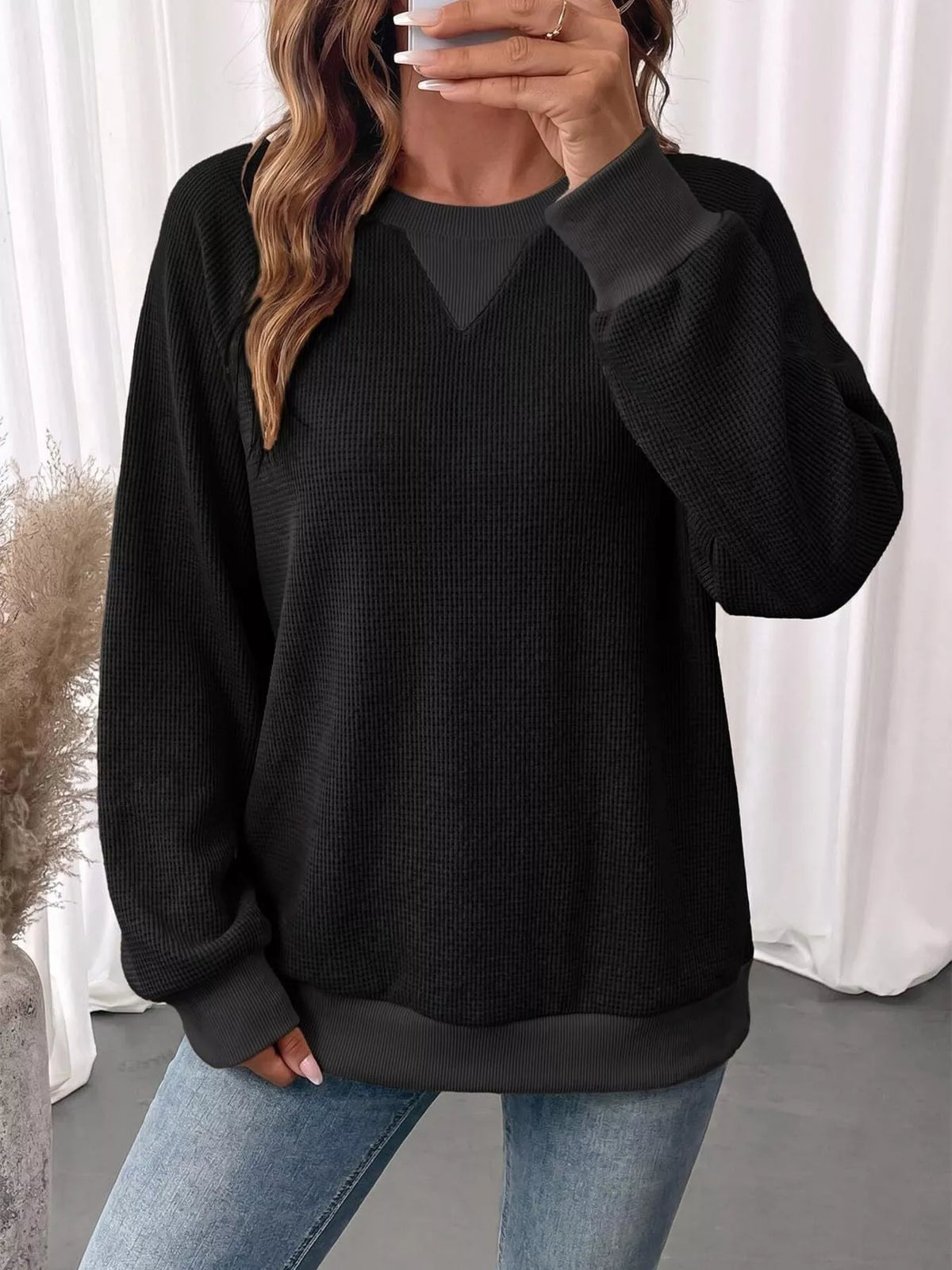 Waffle Knit Crew Neck Long Sleeve Sweatshirt, view 5