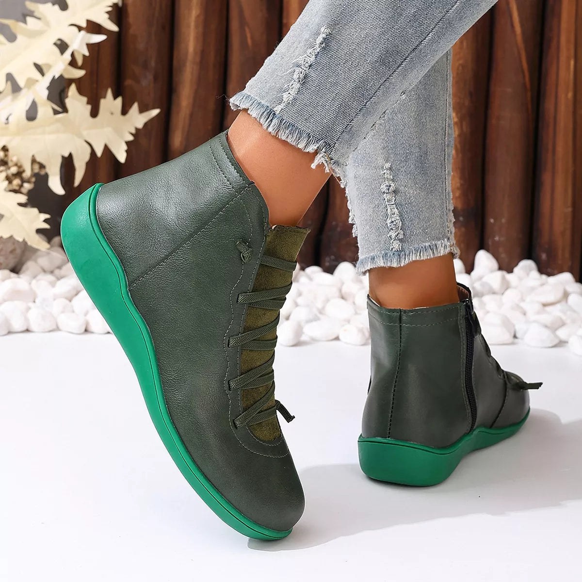 Lace-Up Faux Leather Ankle Boots, view 16