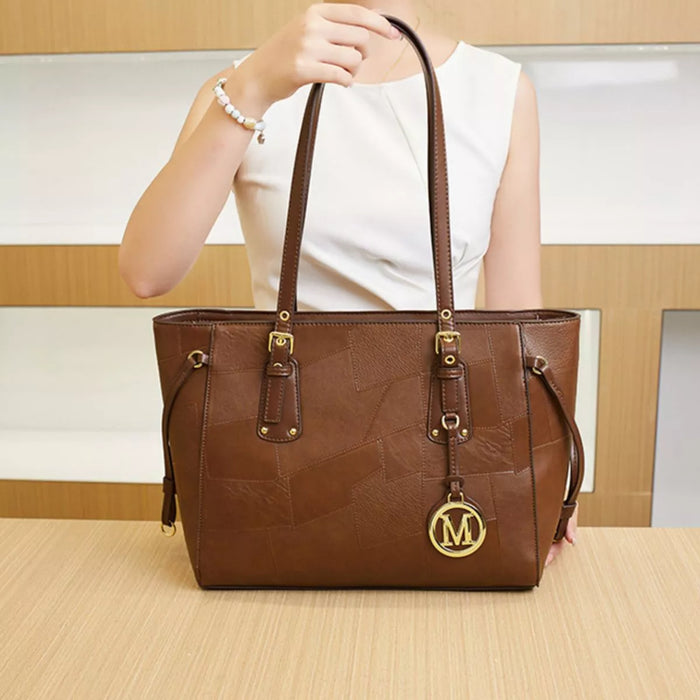 Patchwork Leather Tote Bag with Gold Logo Charm in Brown