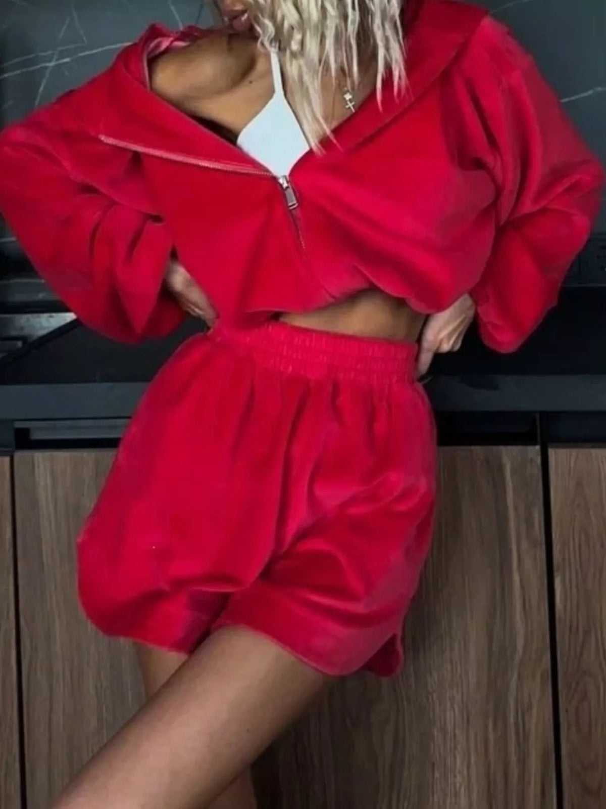 Zip Up Crop Hoodie and Shorts Set, view 13