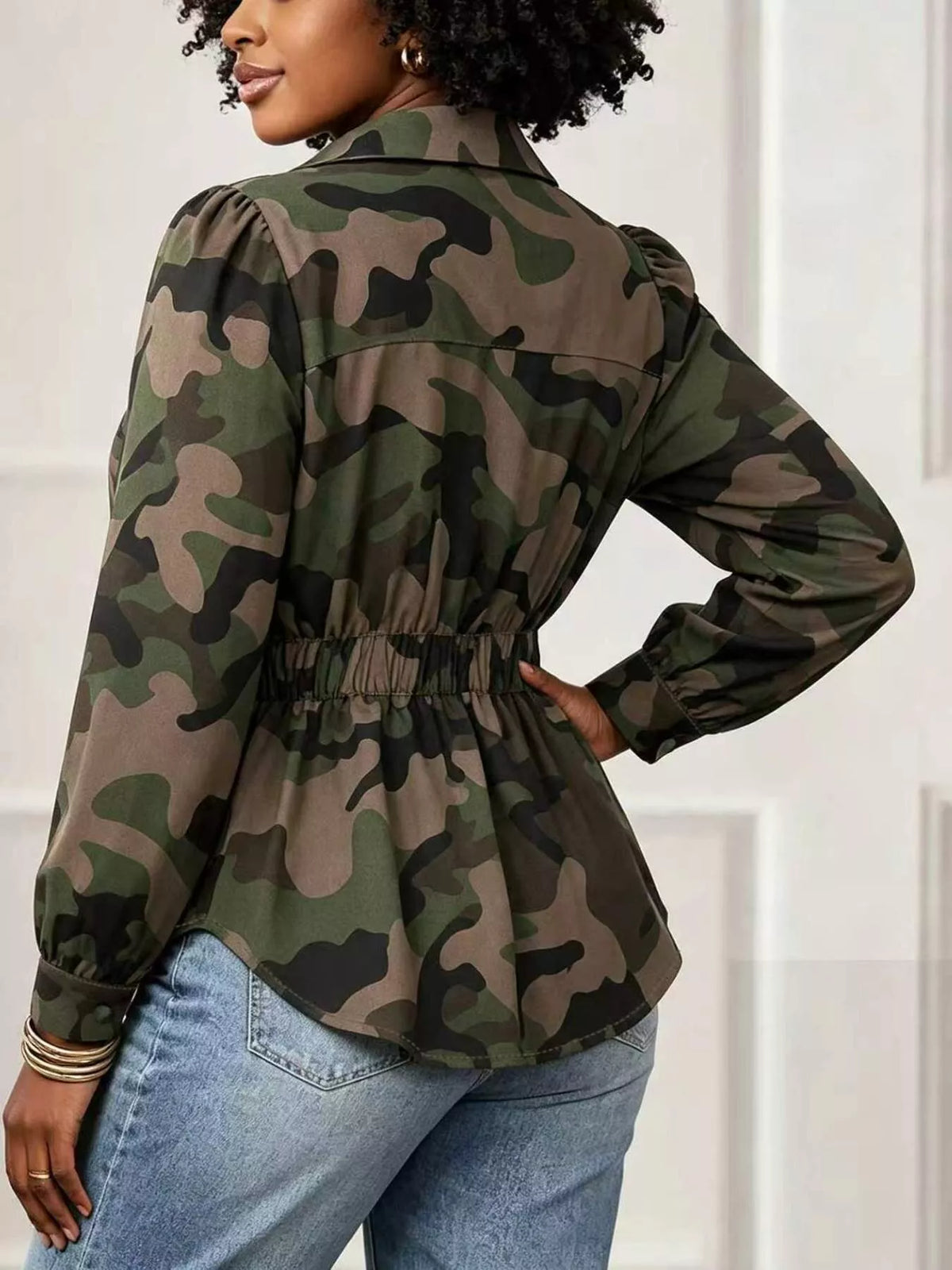 Camouflage Button Front Long Sleeve Blouse - Lilixa.store