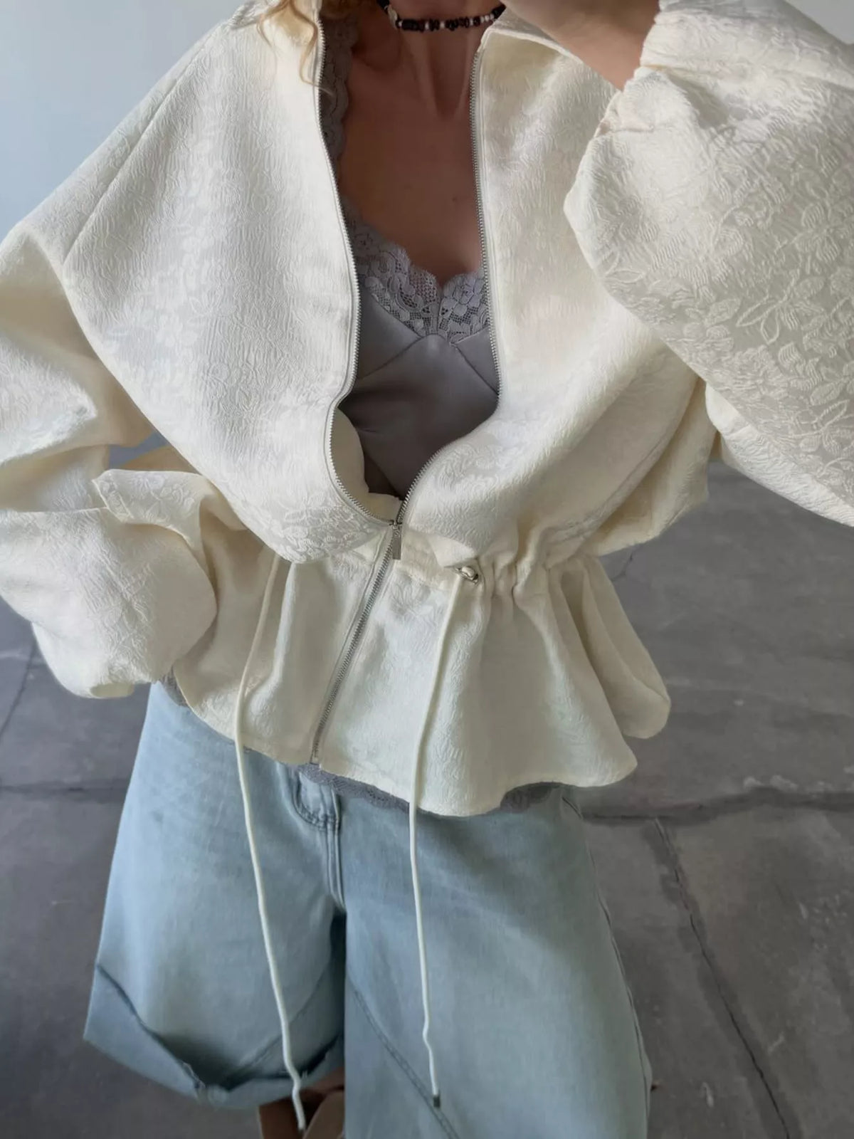 Jacquard Zip-Up Peplum Jacket
