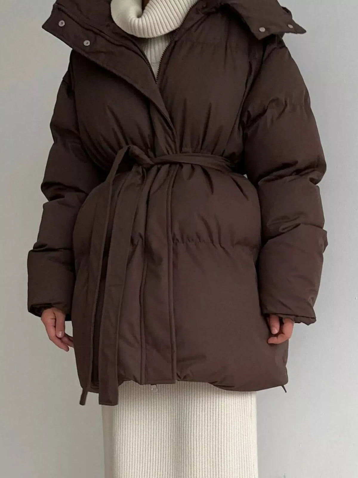 Mid-Length Thickened Hooded Winter Coat with Belted, view 3