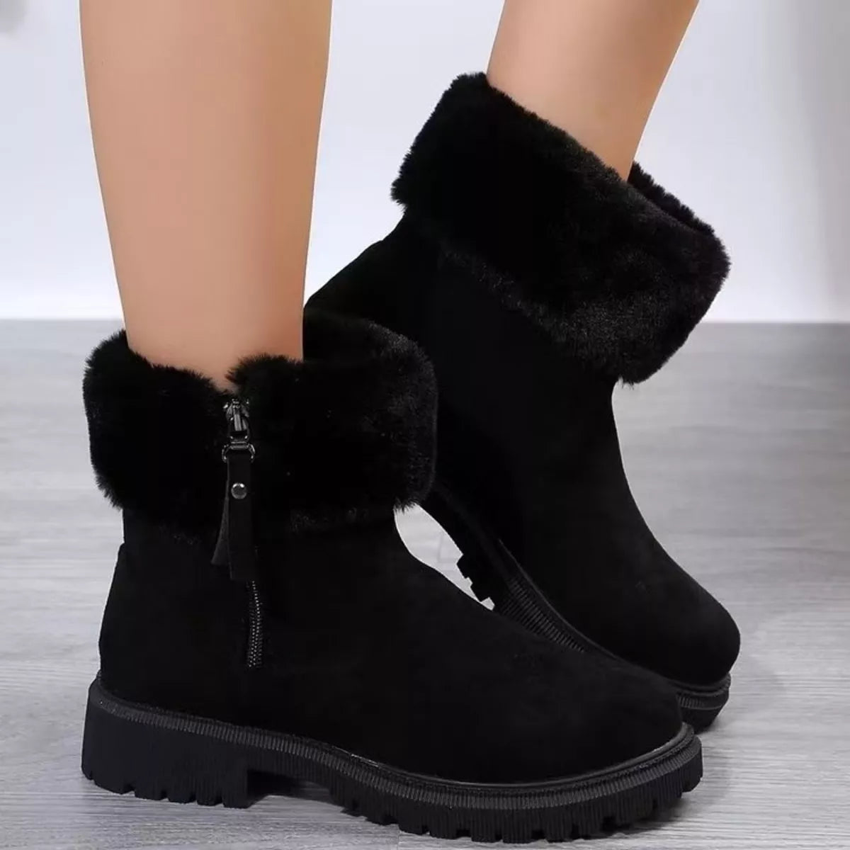 Faux Fur Lined Side-Zip Chunky Platform Ankle Boots - Lilixa.store