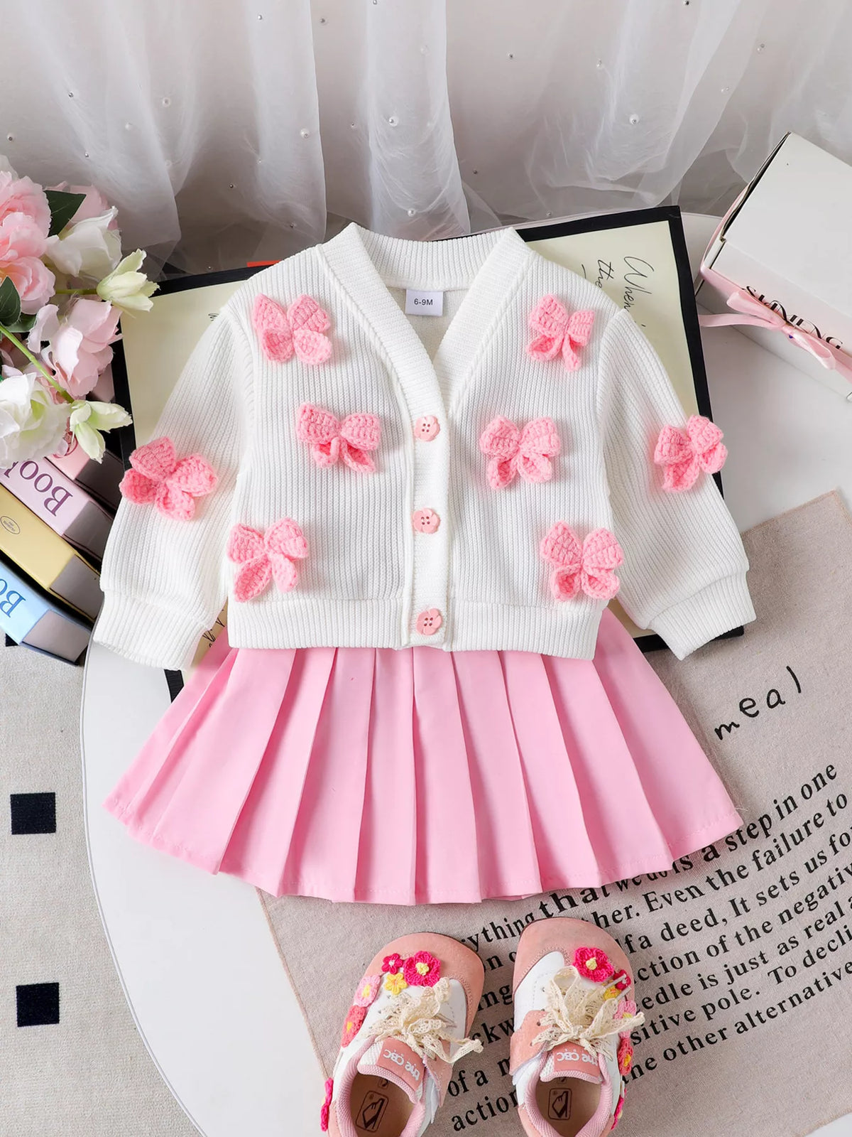 Children's Bow Button Up Cardigan and Pleated Skirt Set - Lilixa.store