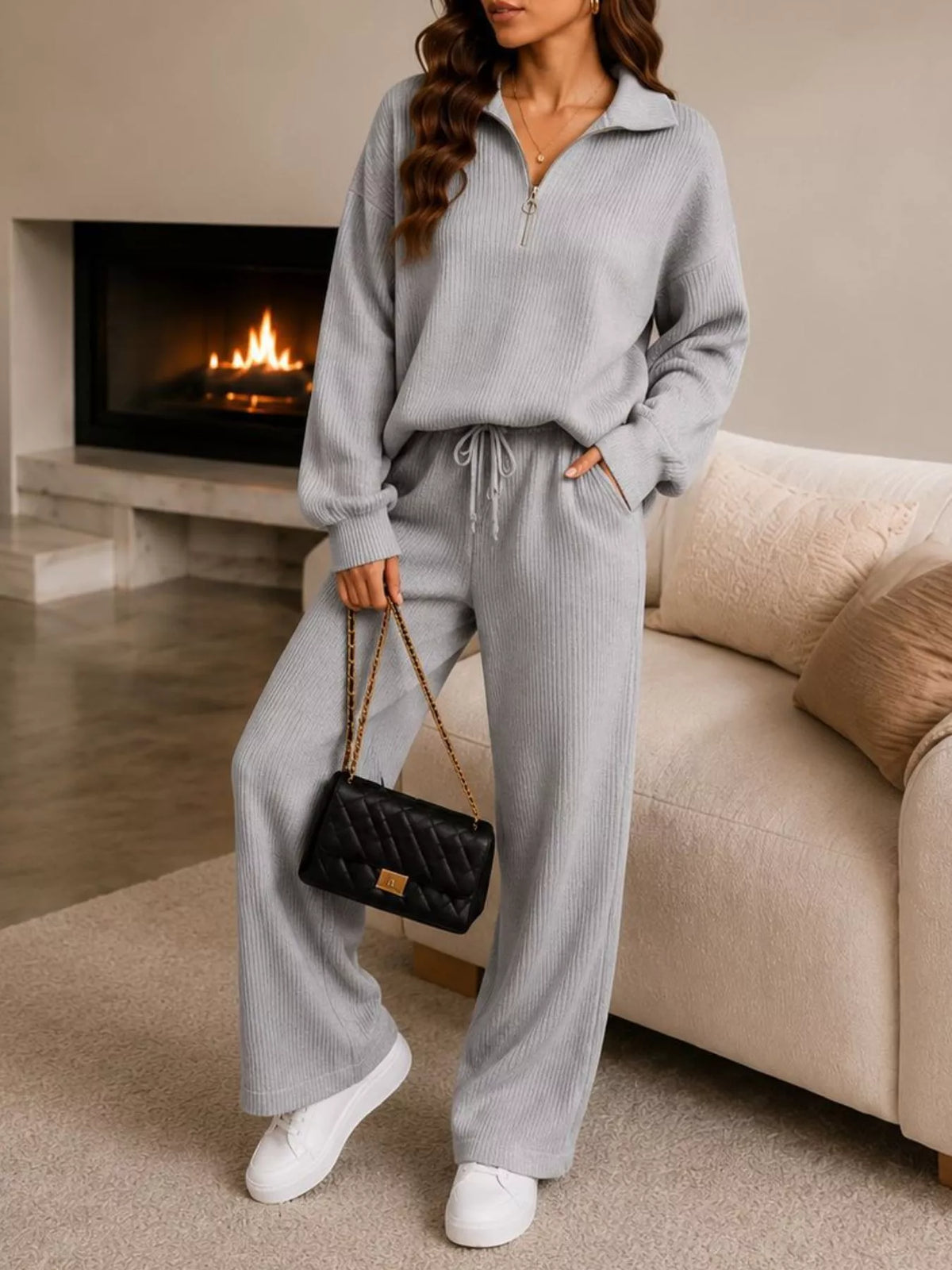 Ribbed Knit Quarter-Zip Top and Wide-Leg Pants Set in Light Gray