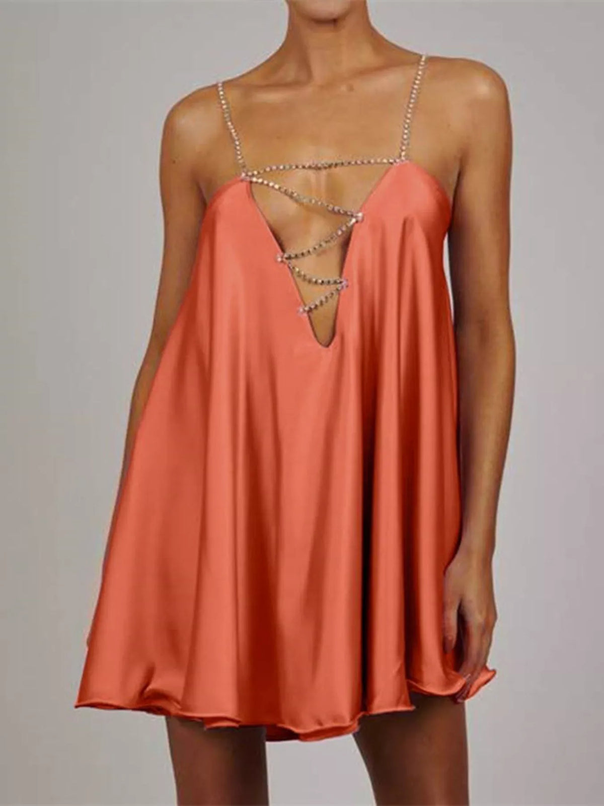 Rhinestone Embellished Plunge Mini Dress - Lilixa.store