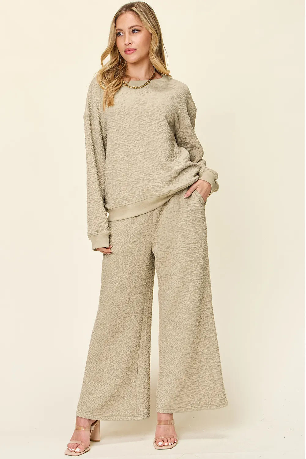Double Take Full Size Texture Long Sleeve Top and Pants Set, view 4