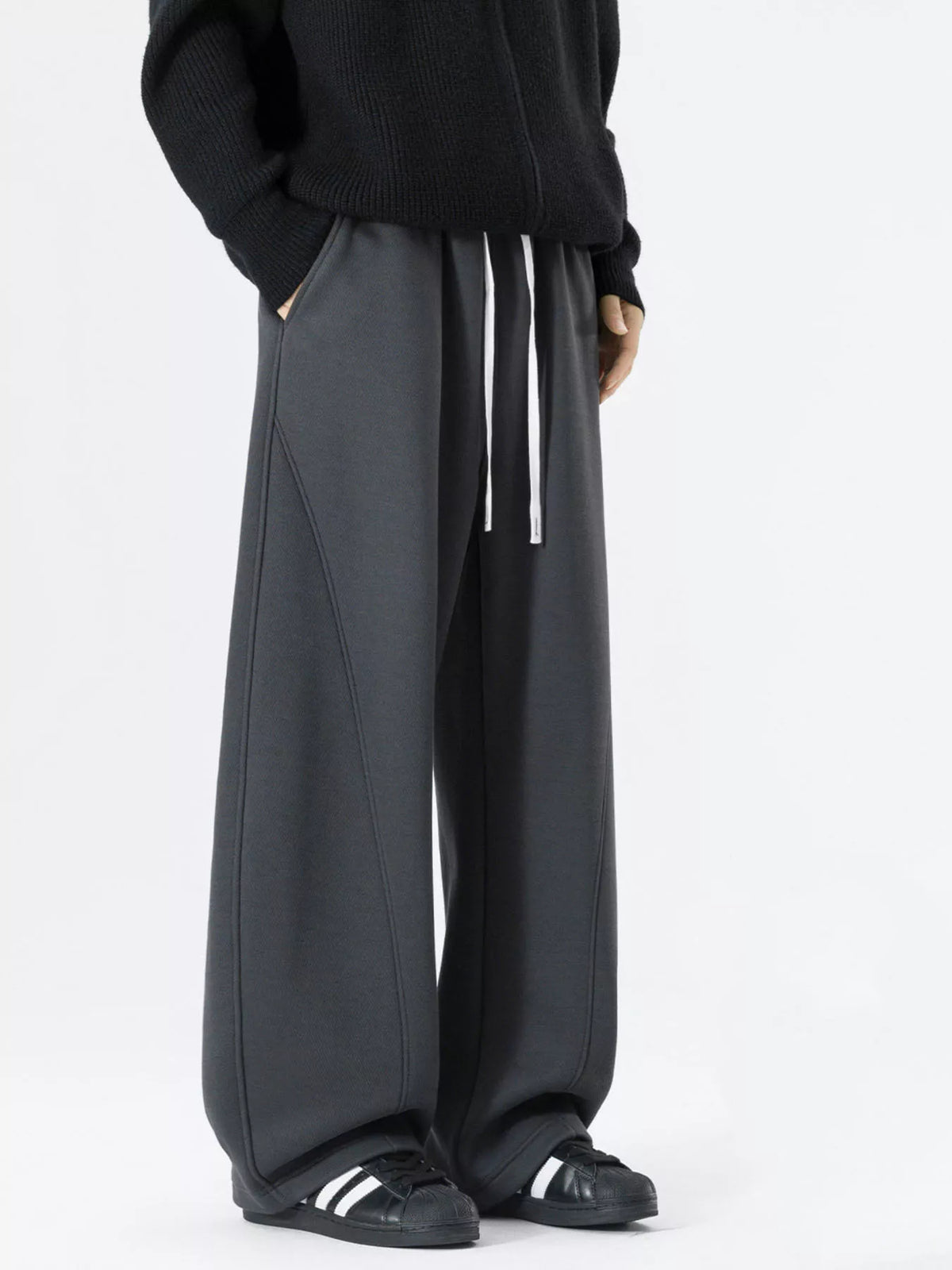 Men's Plus Size Loose Fit Drawstring Wide Leg Pants in Dark Gray