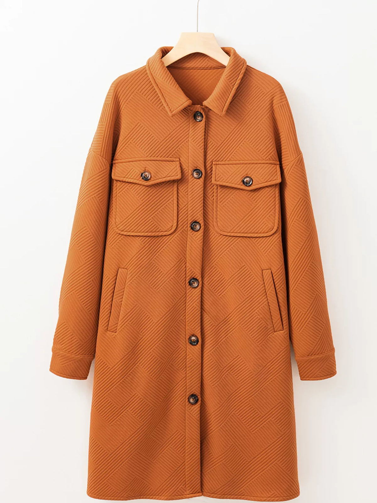 Textured Collared Drop Shoulder Buttoned Front Coat in Caramel, view 3
