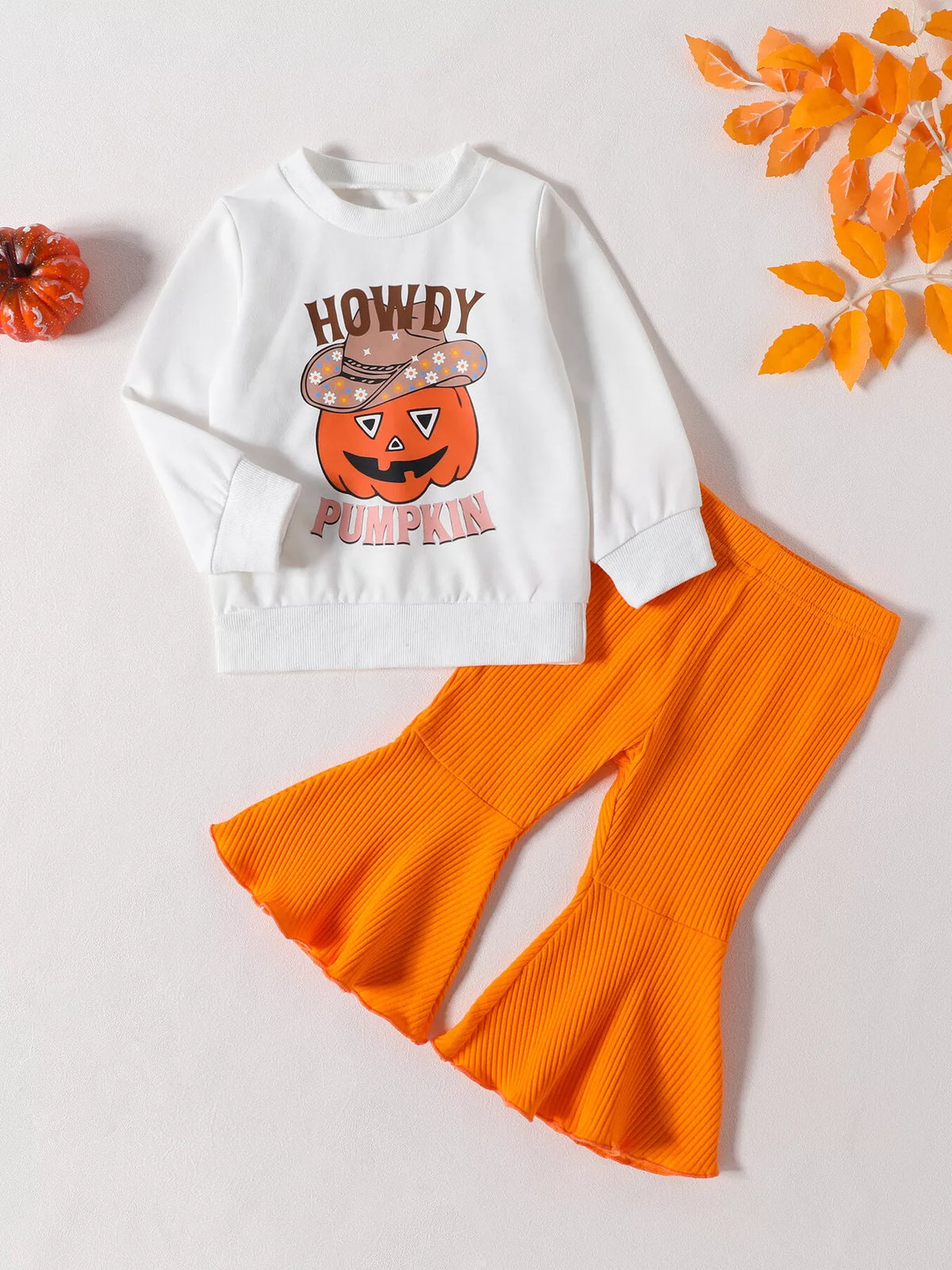 Children's Howdy Pumpkin Graphic Long Sleeve Sweatshirt and Ribbed Bell Pants Set - Lilixa.store