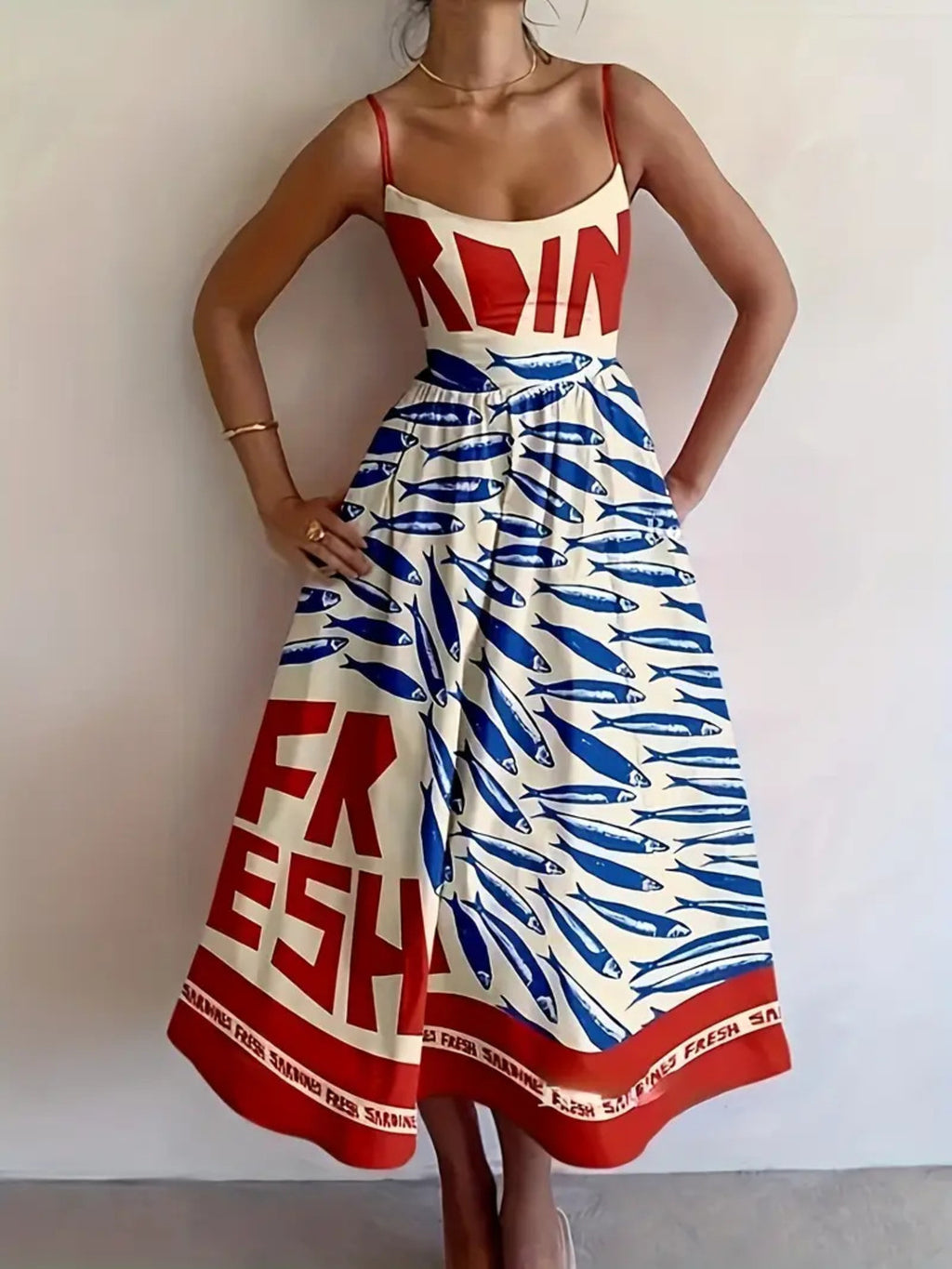 Sardine Print Spaghetti Strap Midi Dress - Lilixa.store
