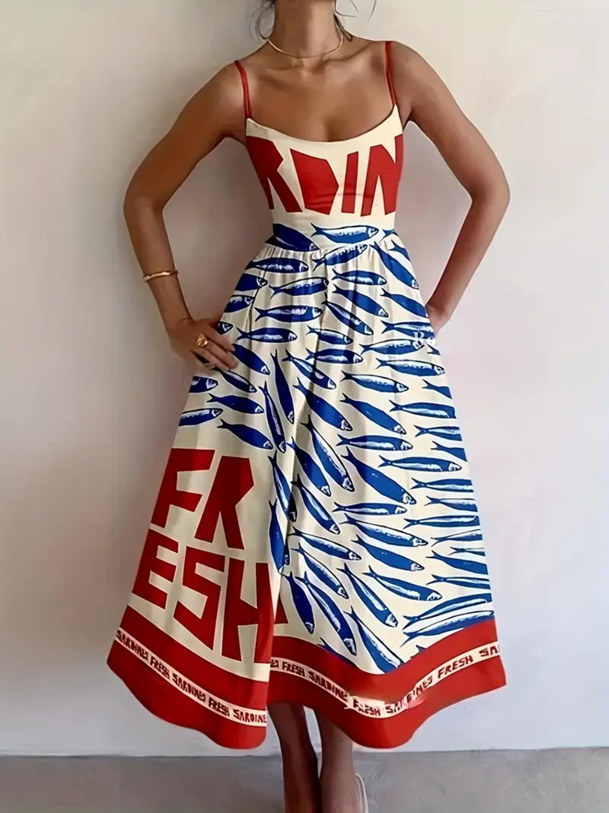 Sardine Print Spaghetti Strap Midi Dress - Lilixa.store