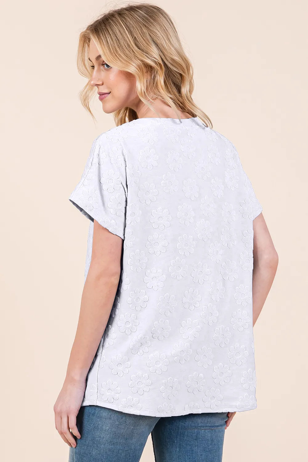 BOMBOM Floral Textured Short Sleeve T-Shirt - Lilixa.store