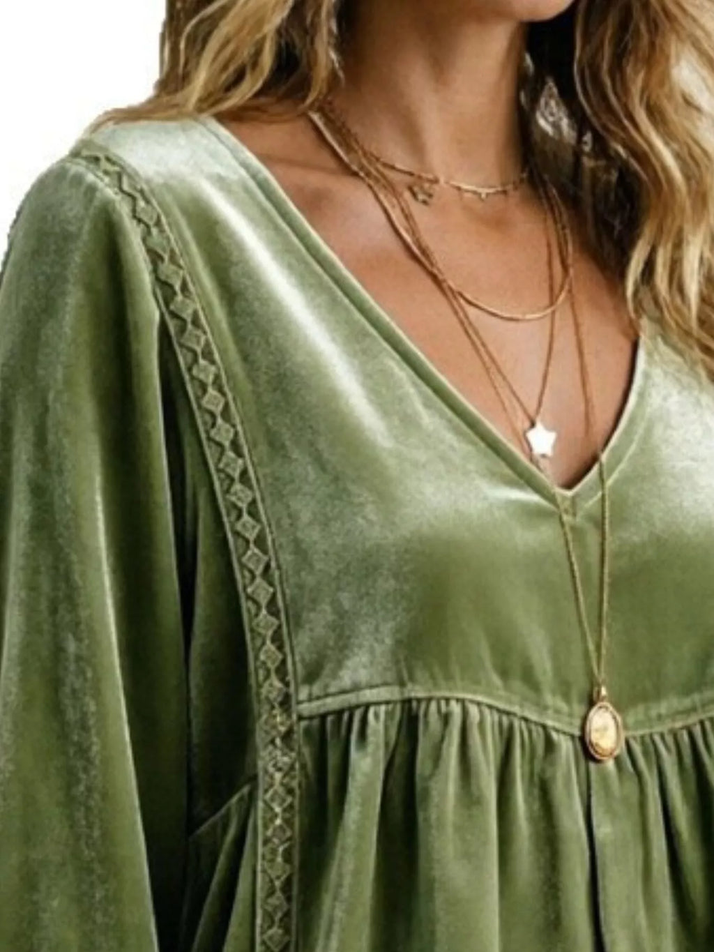 Full Size V-Neck Long Sleeve Velvet Blouse with Lace Trim Plus Size - Lilixa.store