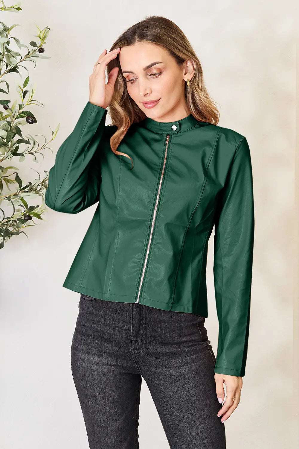 Mock Neck Zip Up Jacket in Green