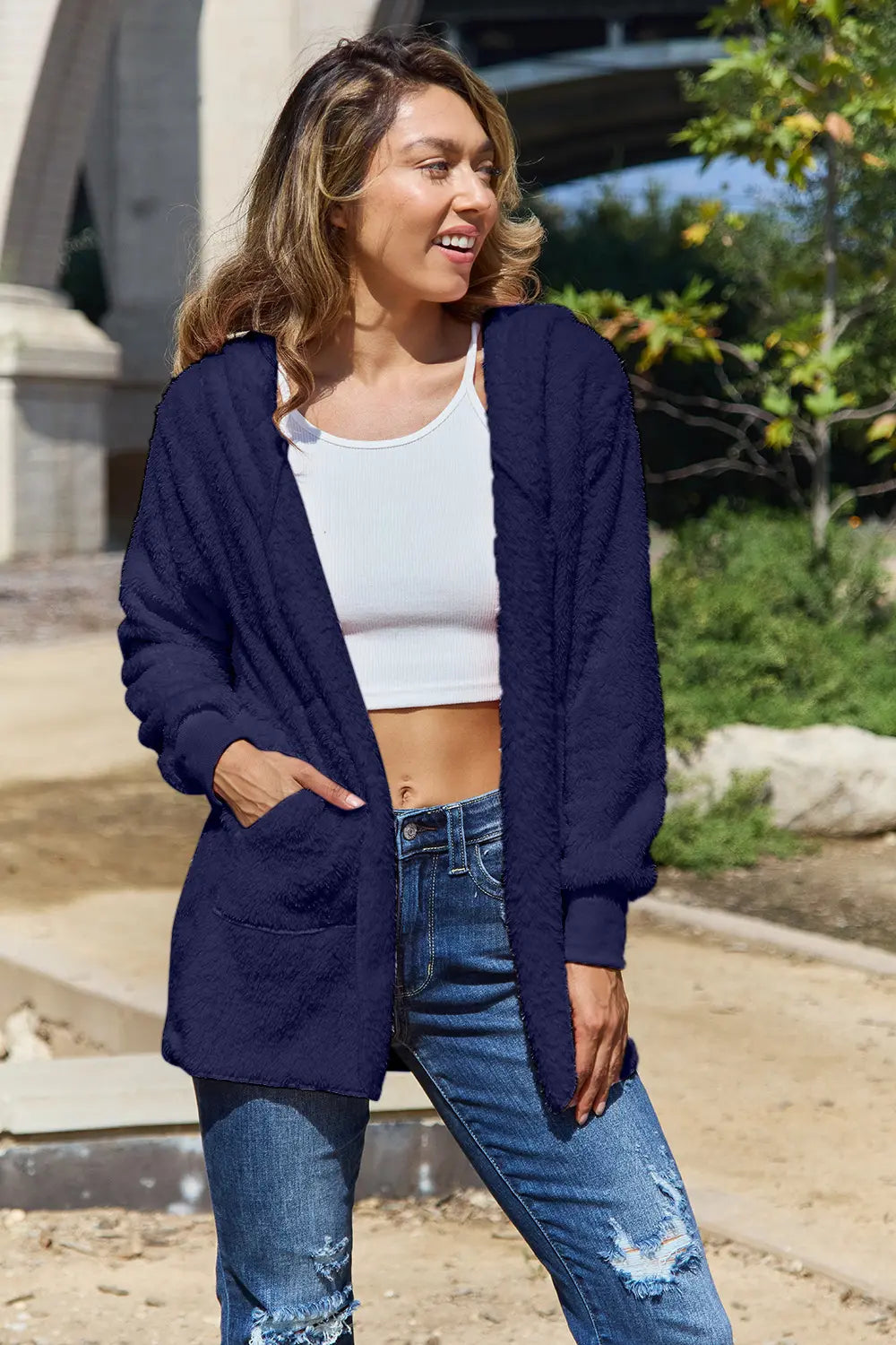 Full Size Teddy Hooded Jacket with Pockets in Dark Blue