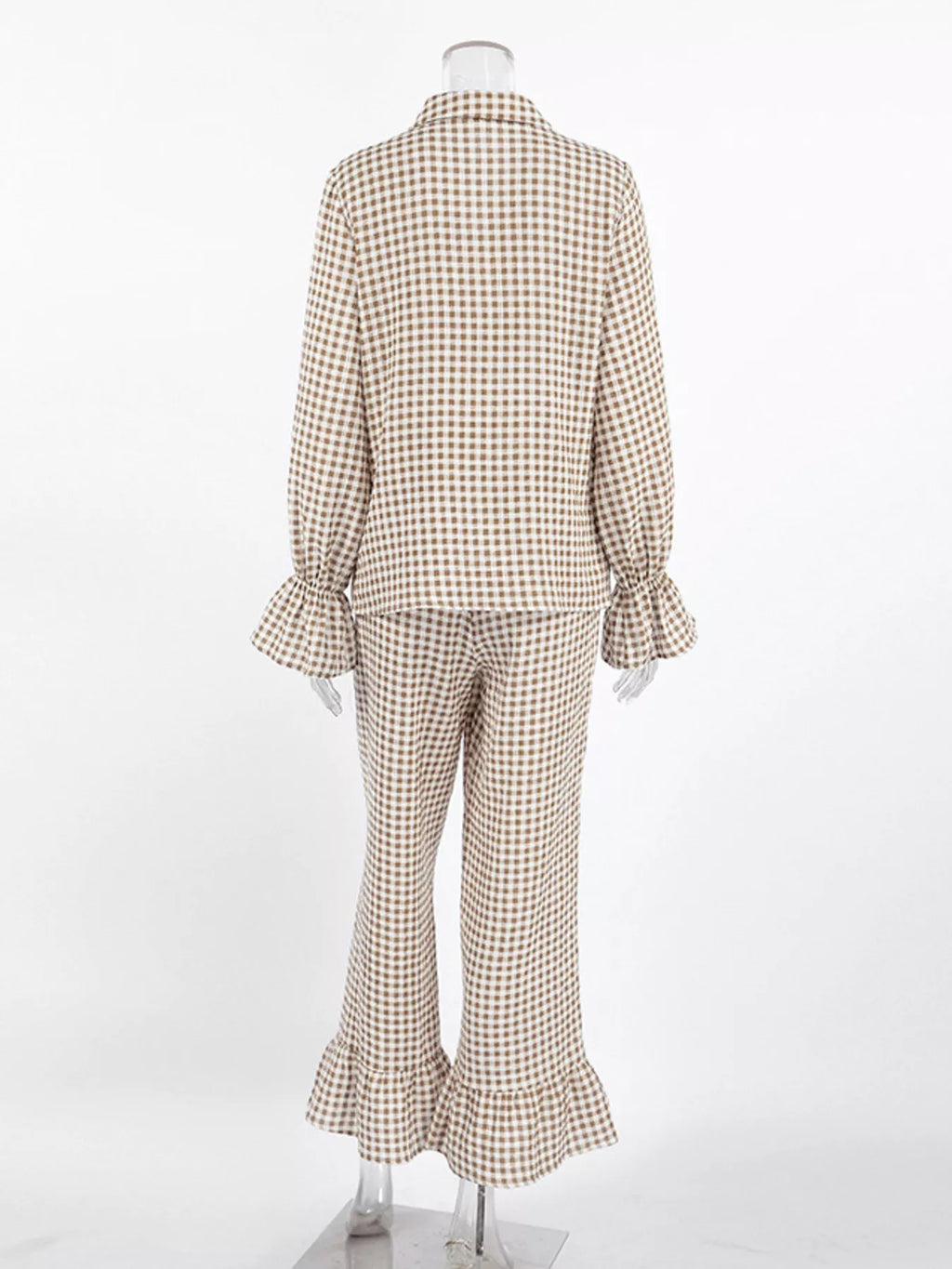 Gingham Ruffle-Trim Top and Pants Lounge Set - Lilixa.store