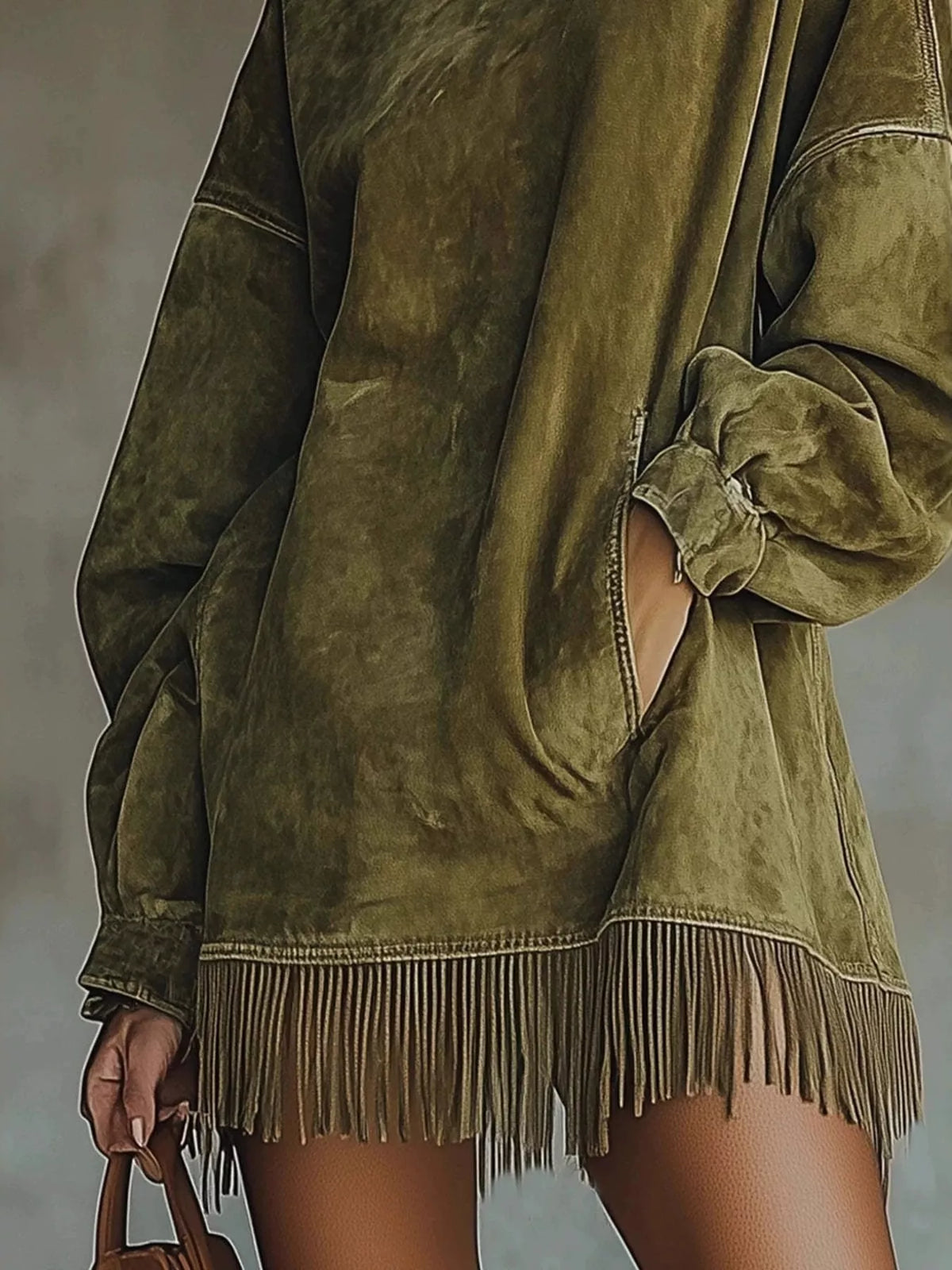 Full Size Mock Neck Fringed Hem Long Sleeve Mini Dress Plus Size