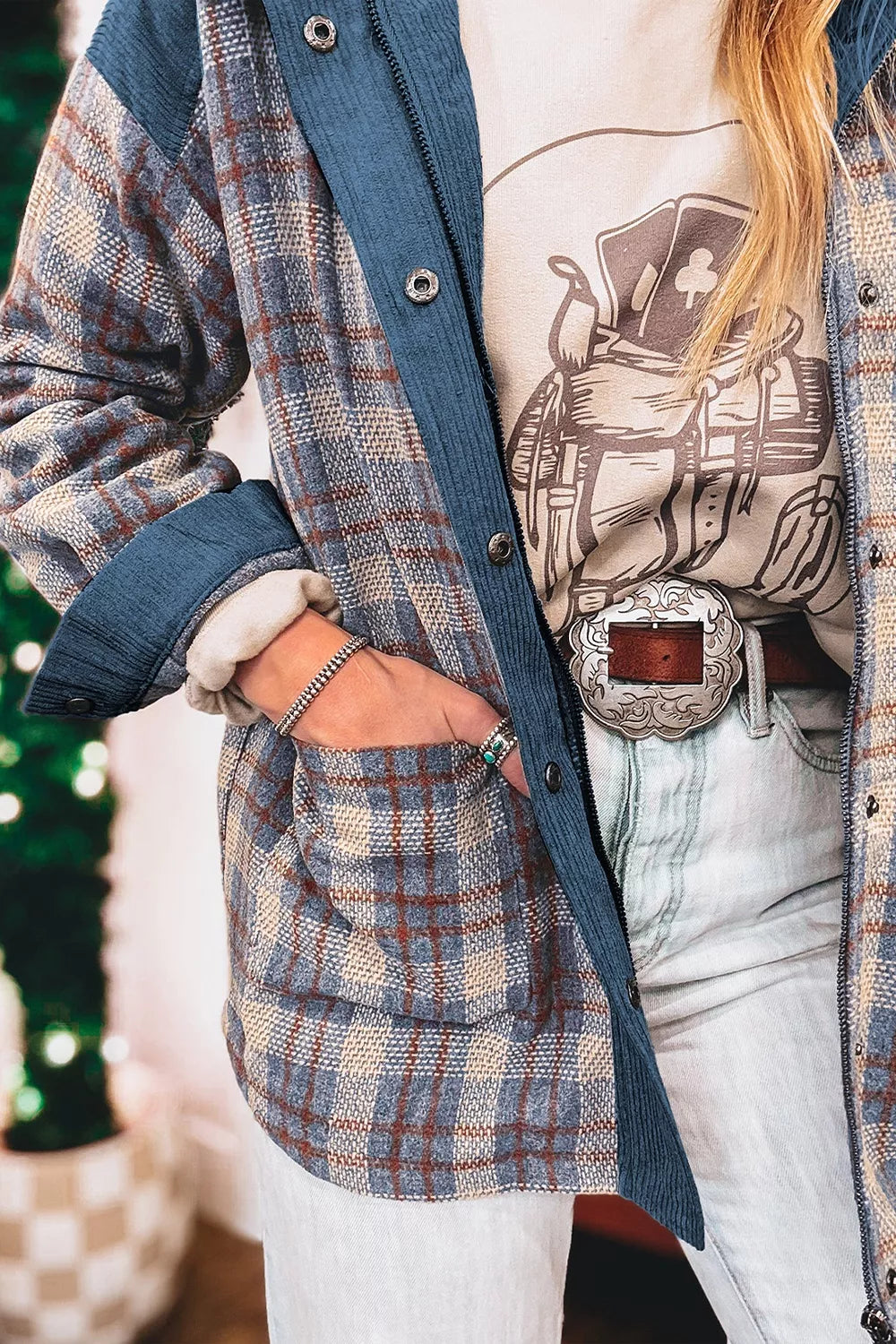 Plaid Corduroy Patchwork Collared Zip Up Snap Button Jacket, view 5