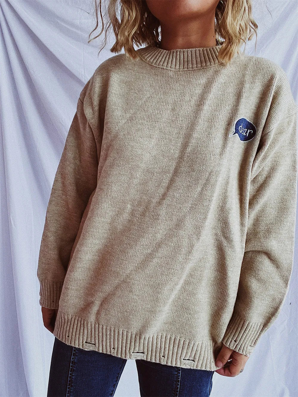 Embroidered Round Neck Dropped Shoulder Sweater - Lilixa.store