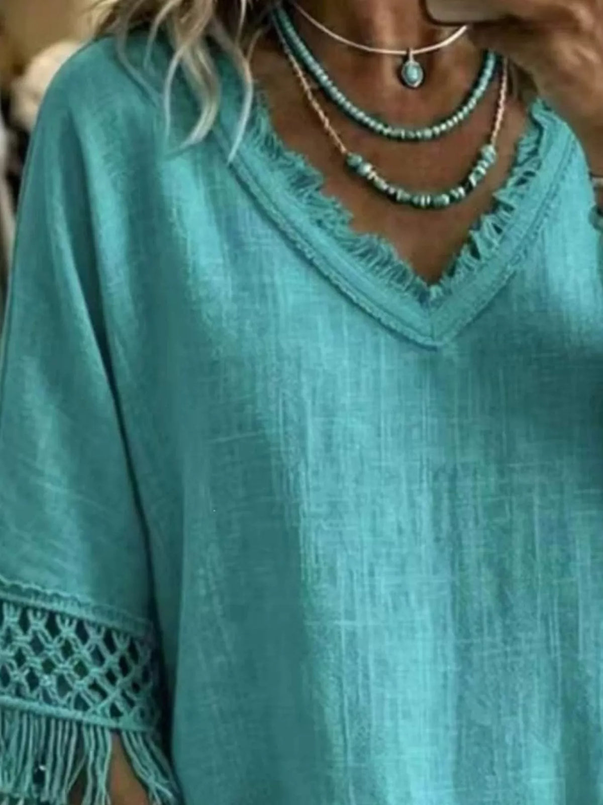 Full Size Fringe Trim V-Neck Loose Fit Blouse Plus Size