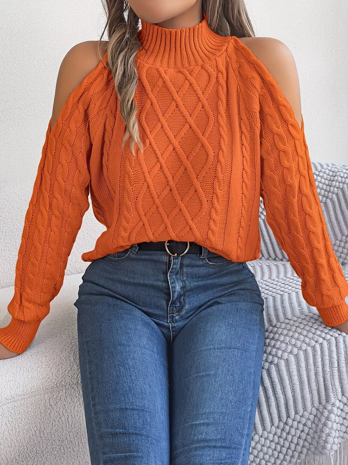 Cold-Shoulder Cable Knit Sweater in Orange