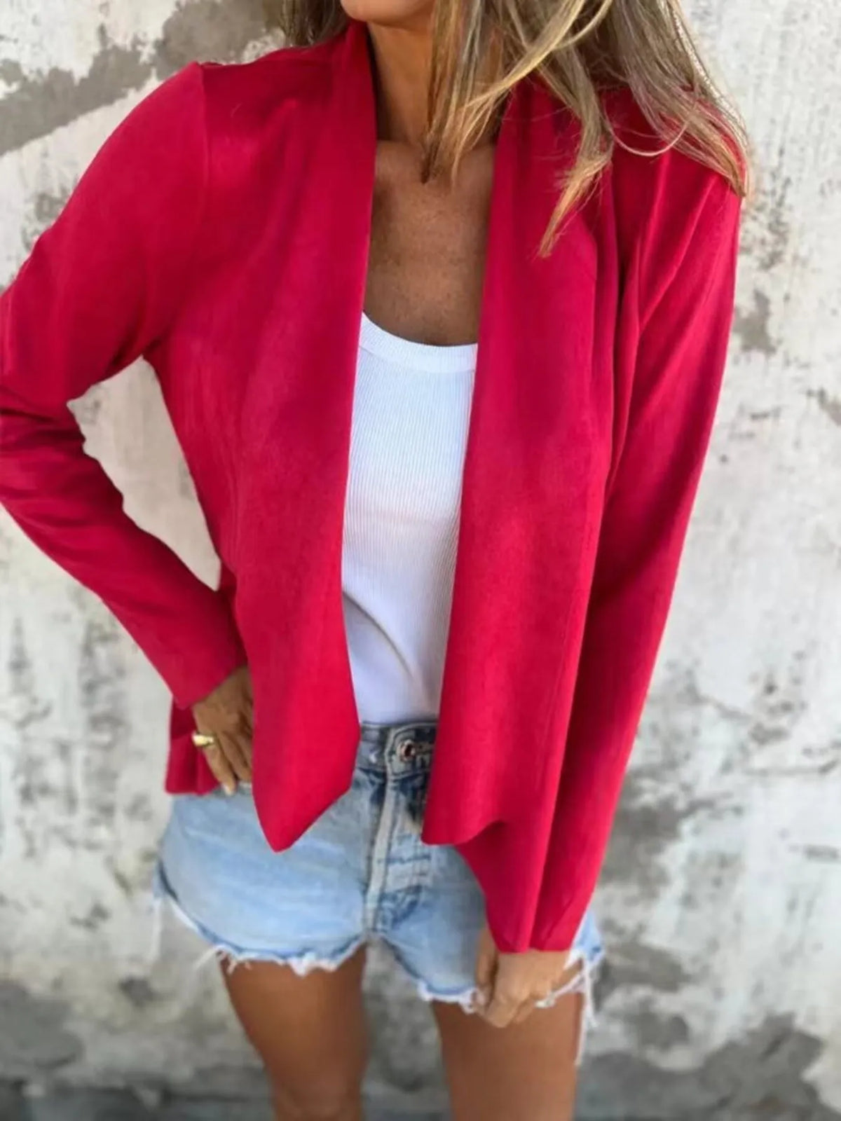 Full Size Open Front Casual Cardigan Plus Size in Red