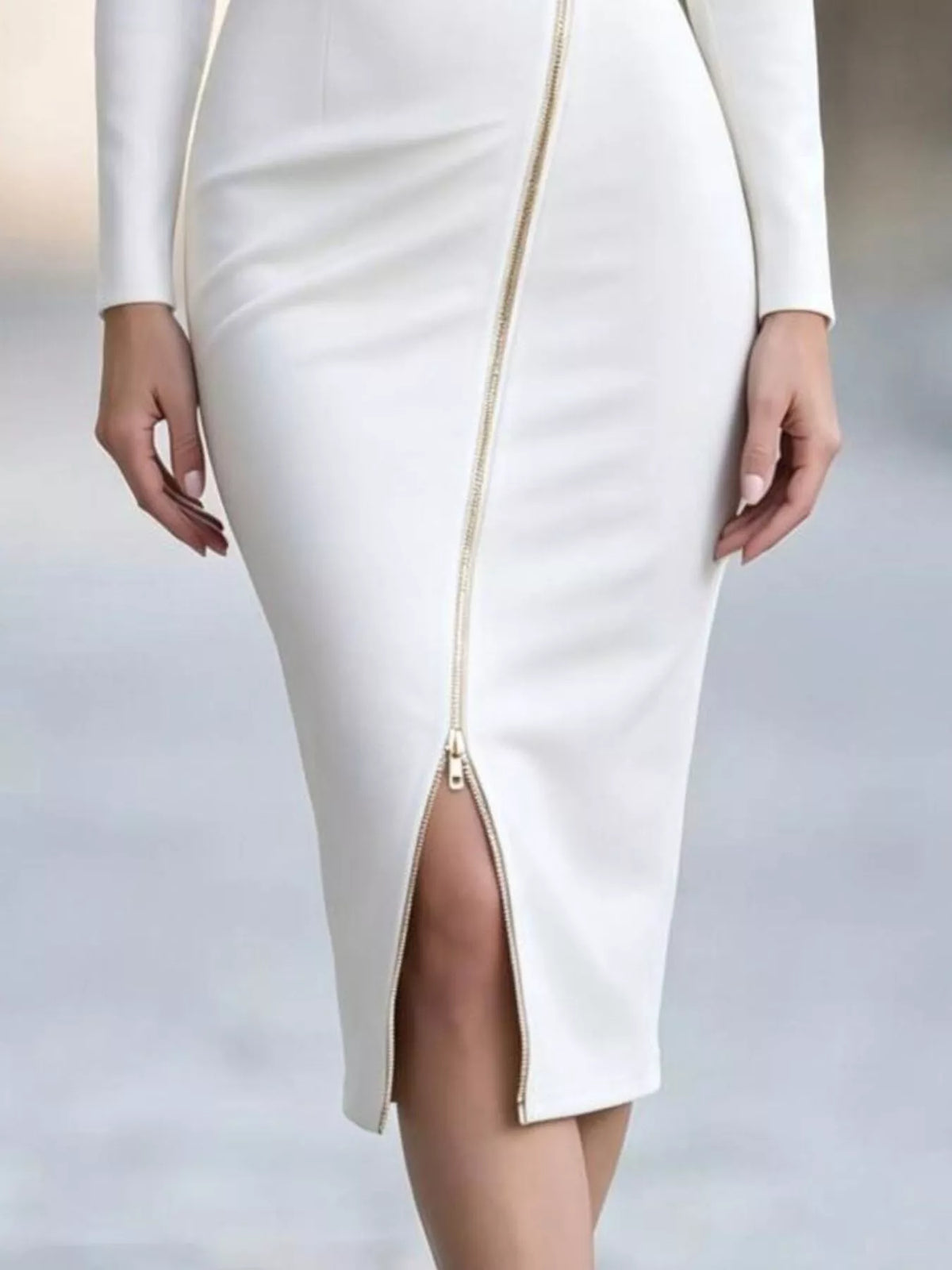 Elegant Asymmetric Zipper Lapel Bodycon Midi Dress, view 4