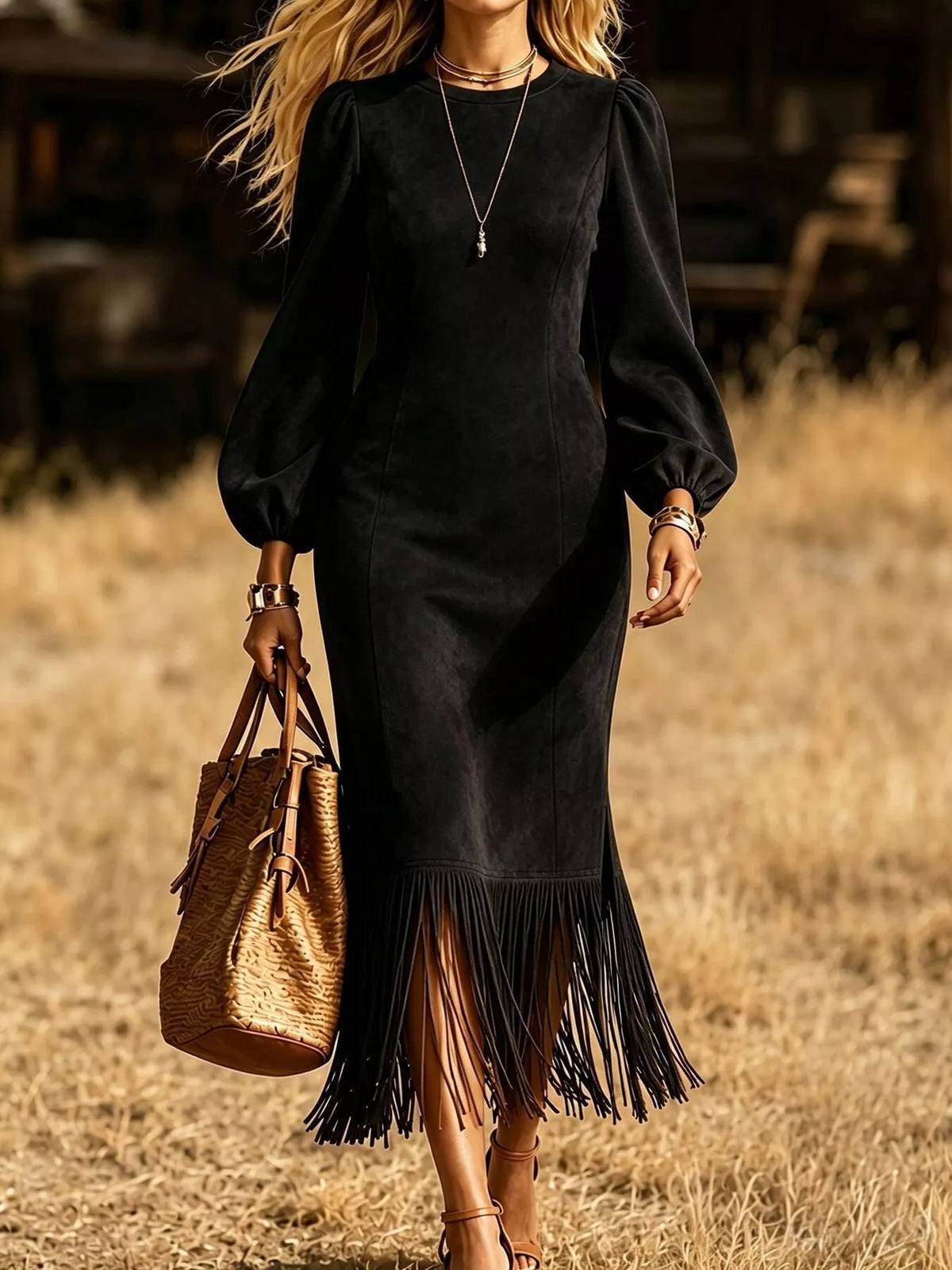 Fringe Balloon Sleeve Midi Dress