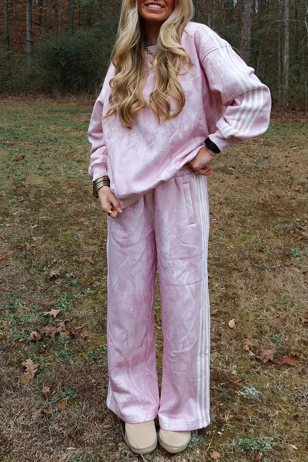 Abstract Print Side Stripe Detail Long Sleeve Top Loose Pants Set in Dusty Pink