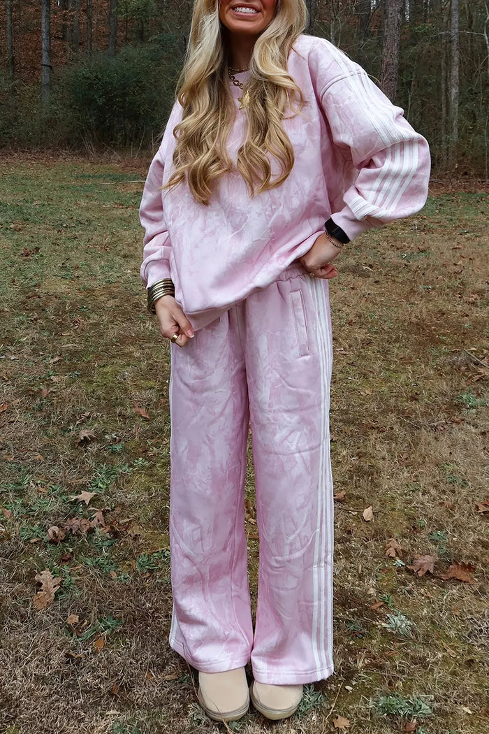 Abstract Print Side Stripe Detail Long Sleeve Top Loose Pants Set in Dusty Pink