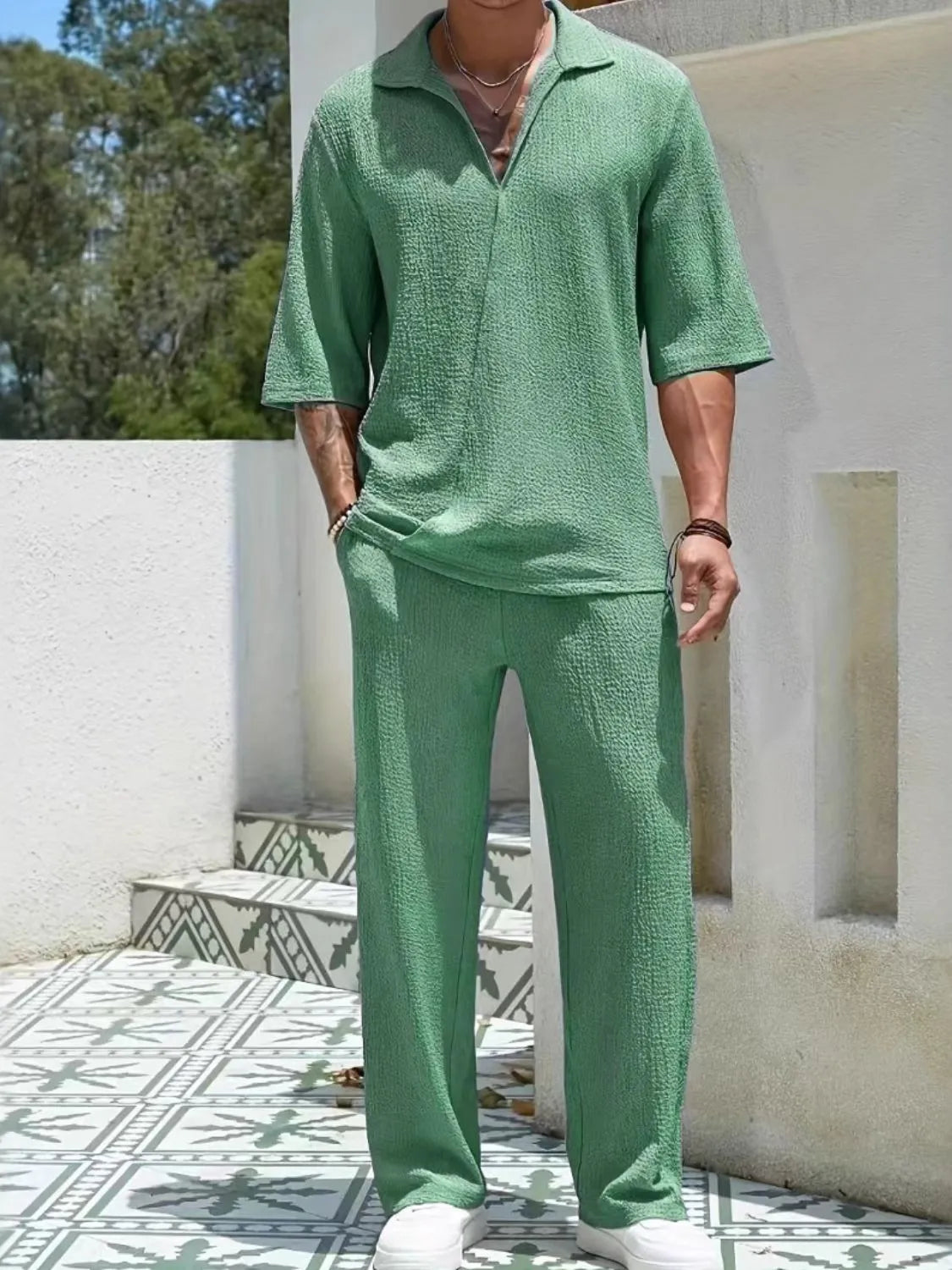 Men's Johnny Collar Half Sleeve Top and Pants Set in Gum Leaf