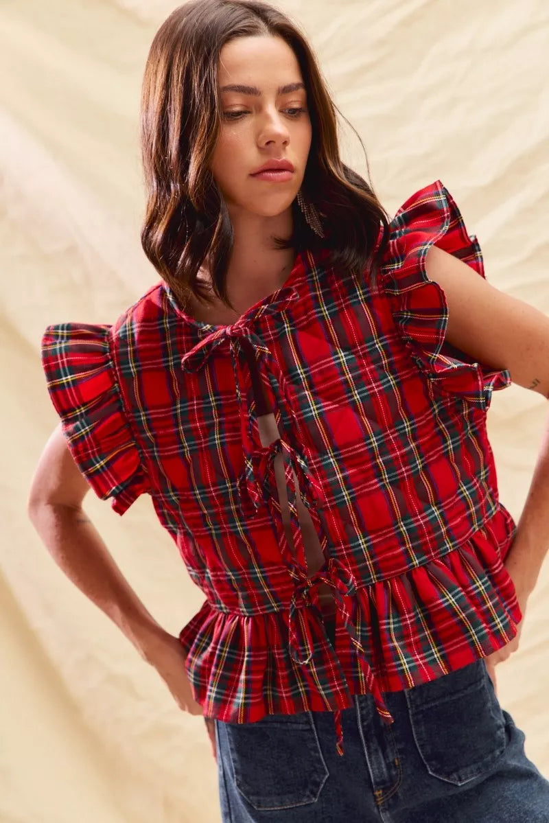 SO ME Christmas Holiday Plaid Ruffled Quilt Vest Top - Lilixa.store