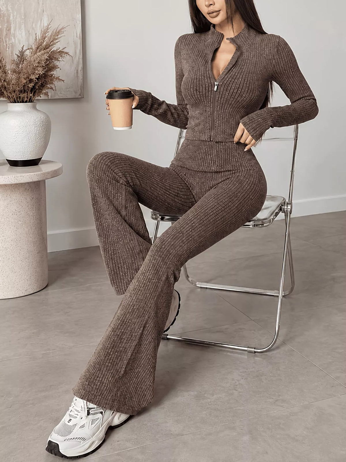Ribbed Zip-Up Cardigan and Pants Knit Set - Lilixa.store