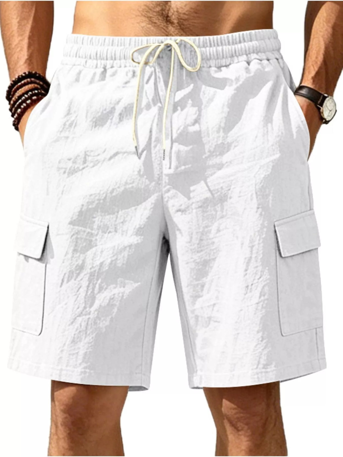 Men's Plus Size Casual Cargo Shorts with Drawstring Waist in White
