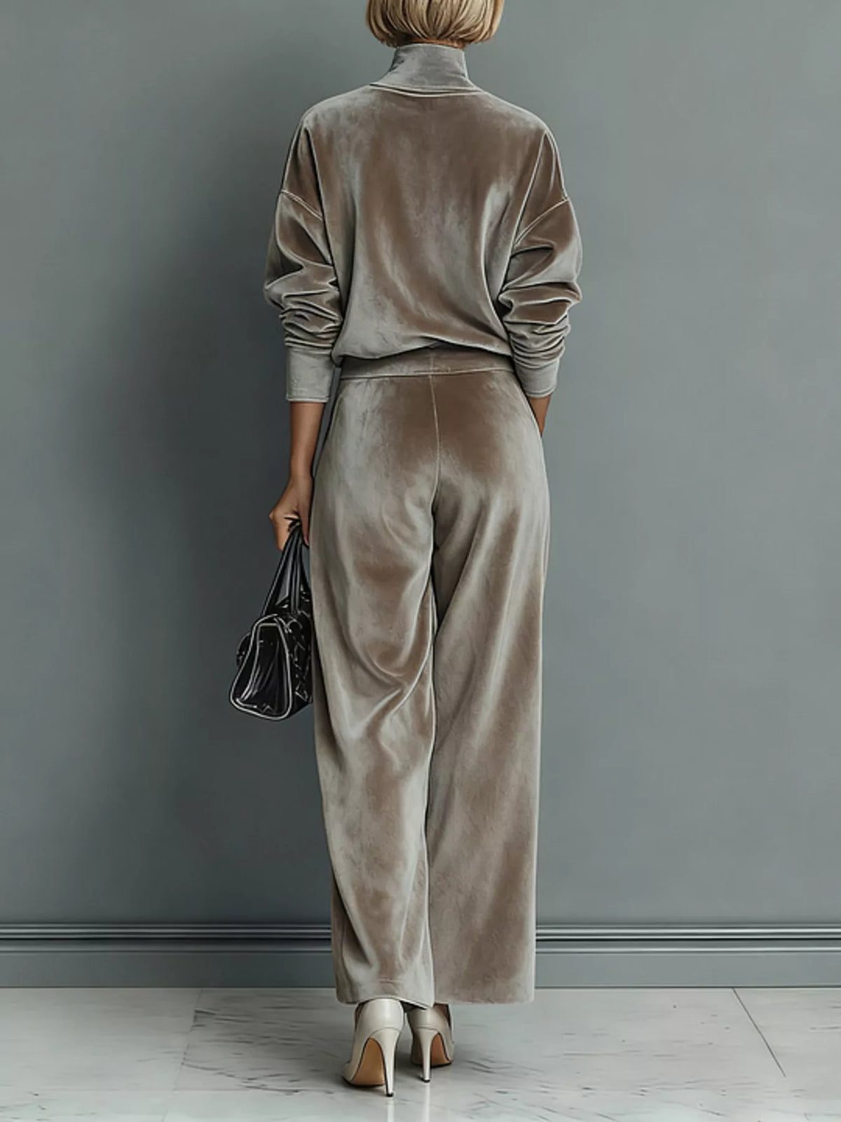 Full Size Elegant Velvet Mock Neck Long Sleeve Top and Wide-Leg Pants Set Plus Size, view 2