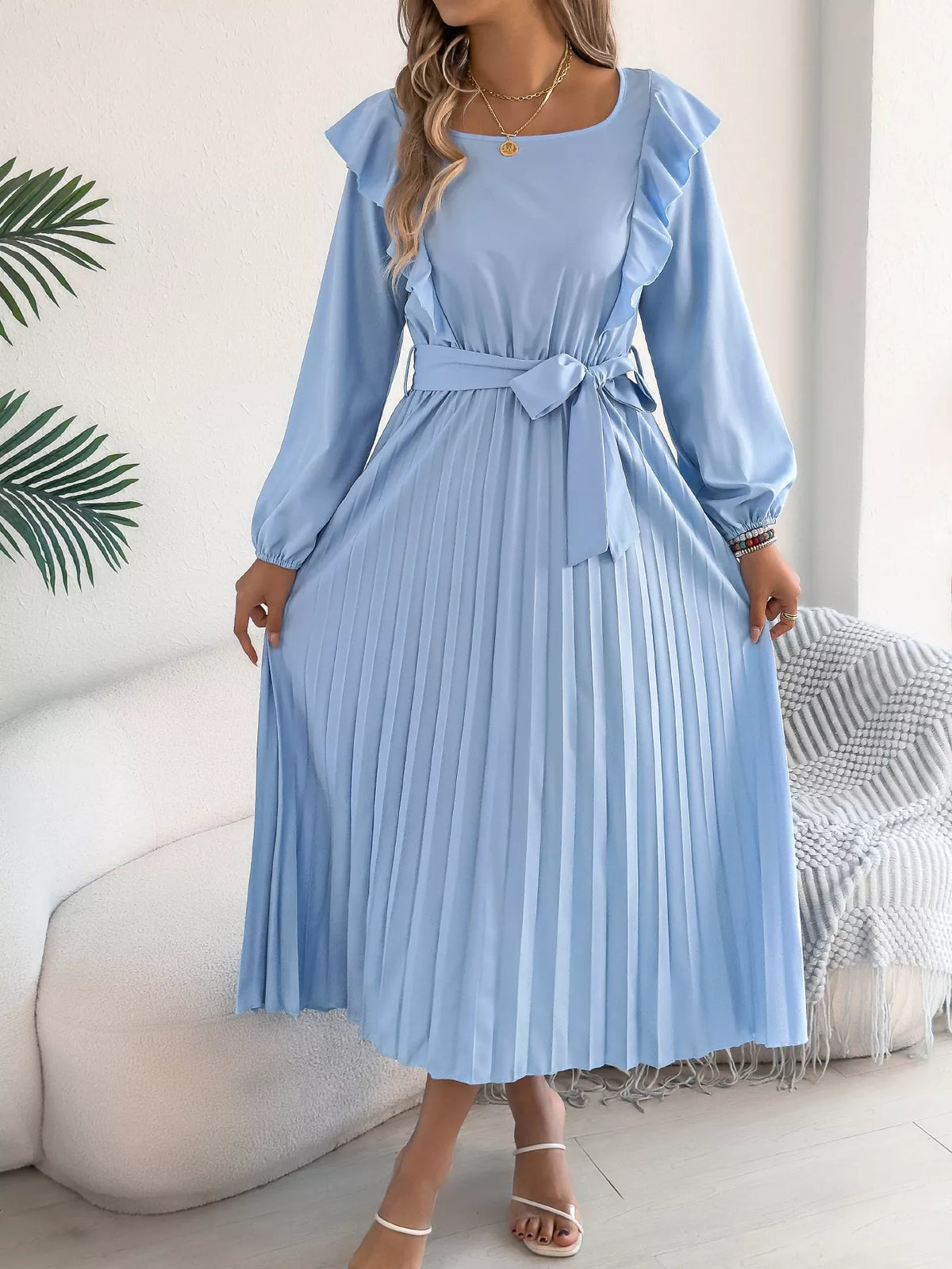 Ruffled Pleated Midi Dress with Waist Tie, view 5