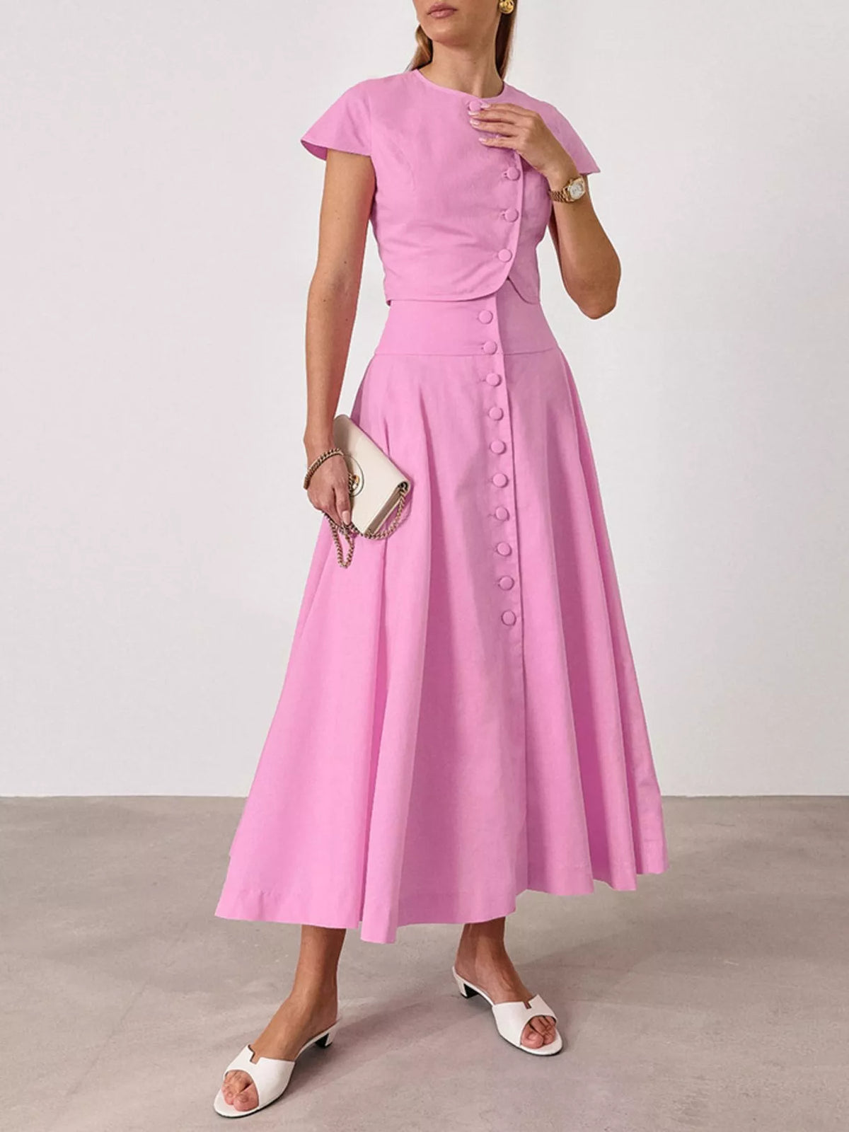 Cap Sleeve Button-Down Crop Top and Midi Skirt Set, view 4