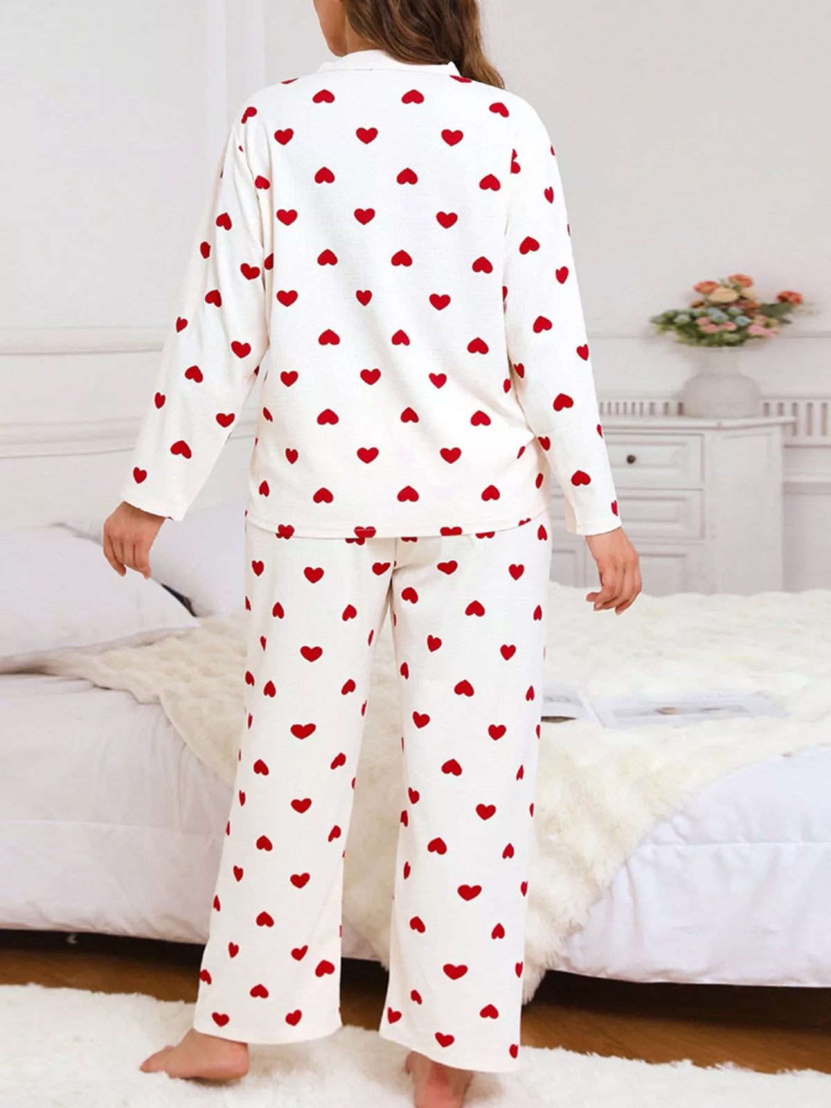 Plus Size Heart Print Button-Down Top and Pants Set