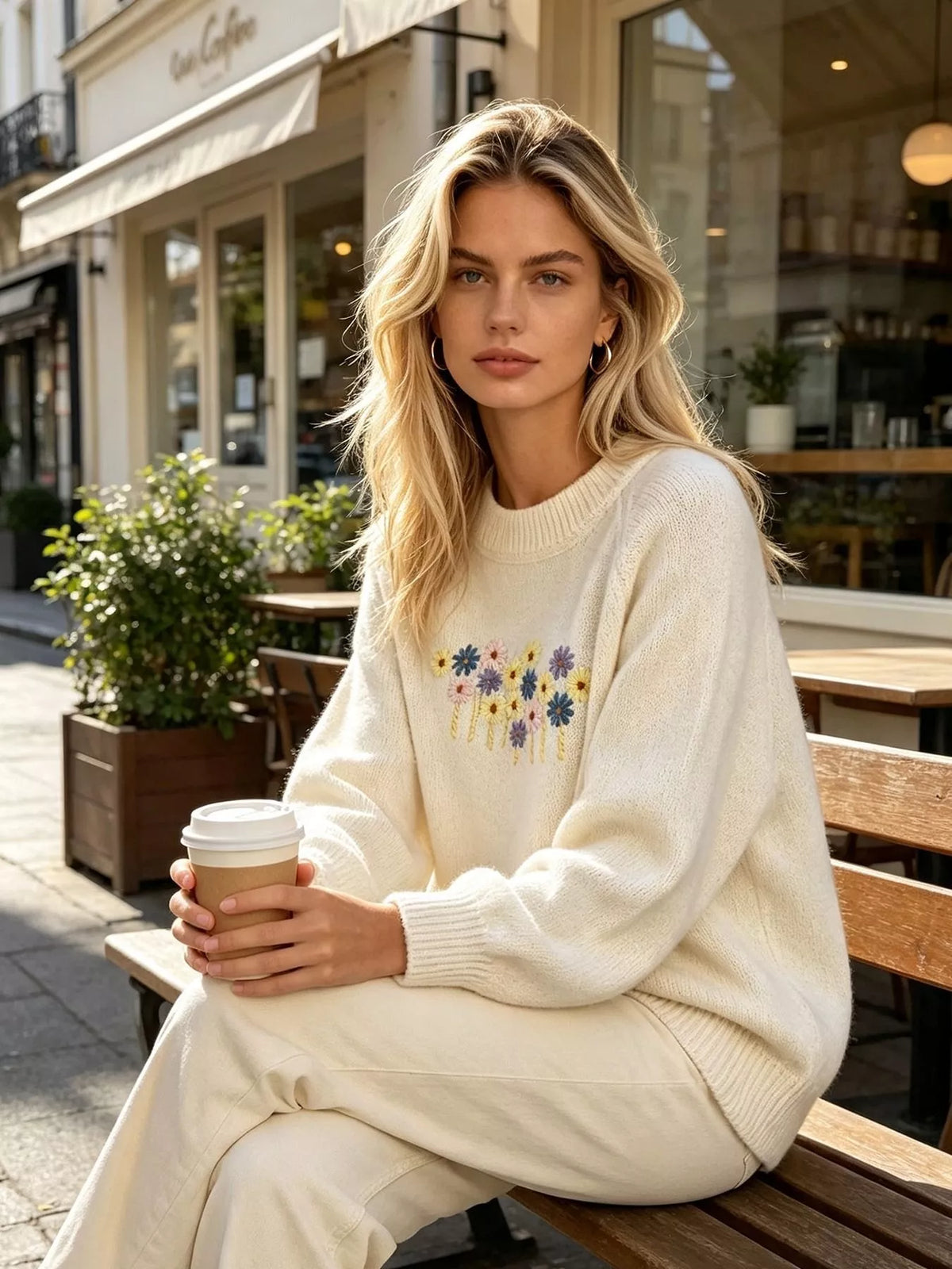 Floral Embroidered Round Neck Sweater, view 4