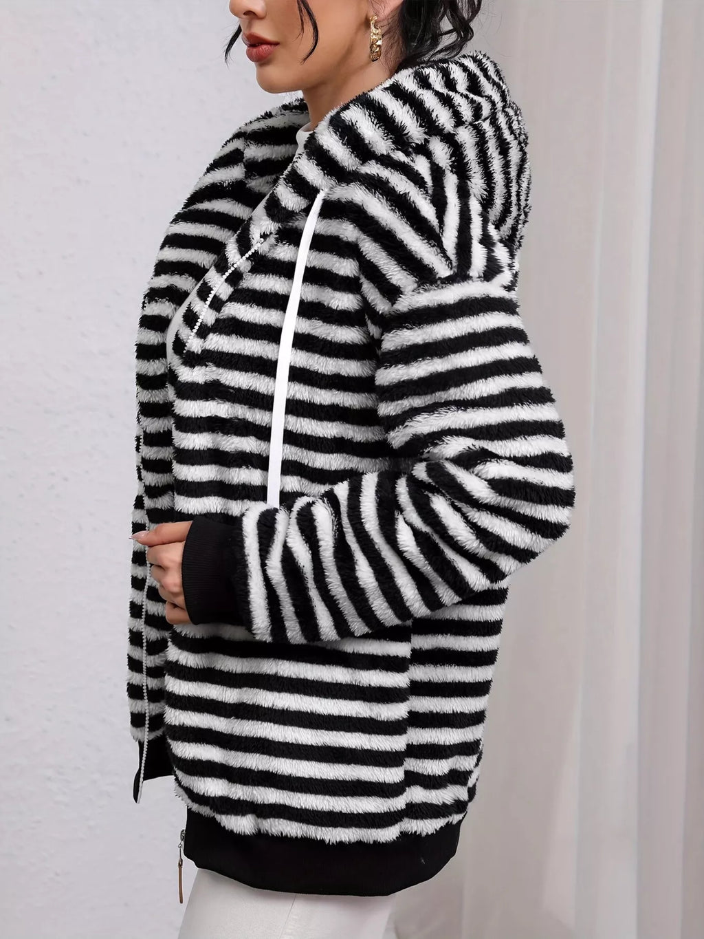 Striped Plush Zip-Up Hooded Outerwear - Lilixa.store