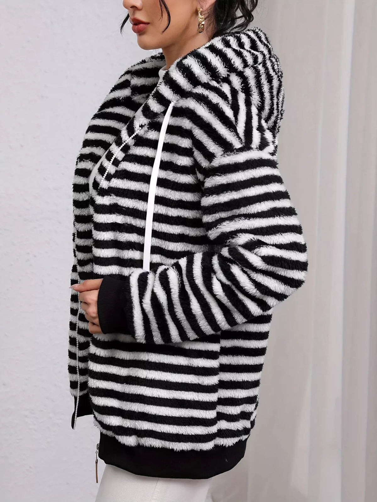 Striped Plush Zip-Up Hooded Outerwear - Lilixa.store
