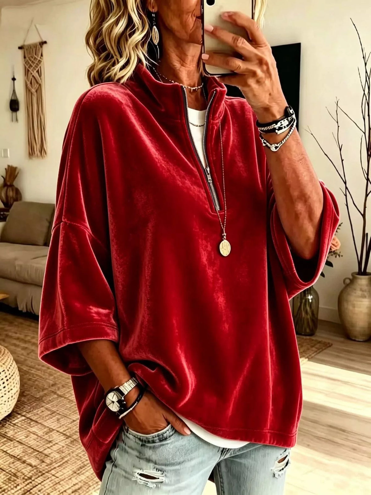 Full Size Velvet Quarter-Zip Sweatshirt Plus Size in Red
