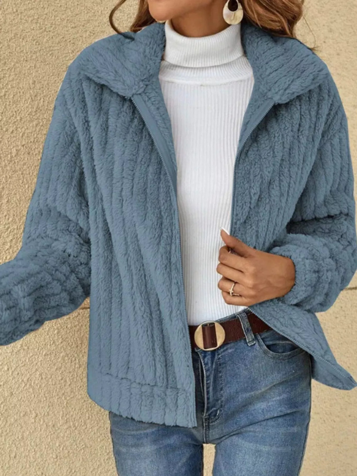 Full Size Zip-Up Long Sleeve Texture Jacket Plus Size in Haze Blue